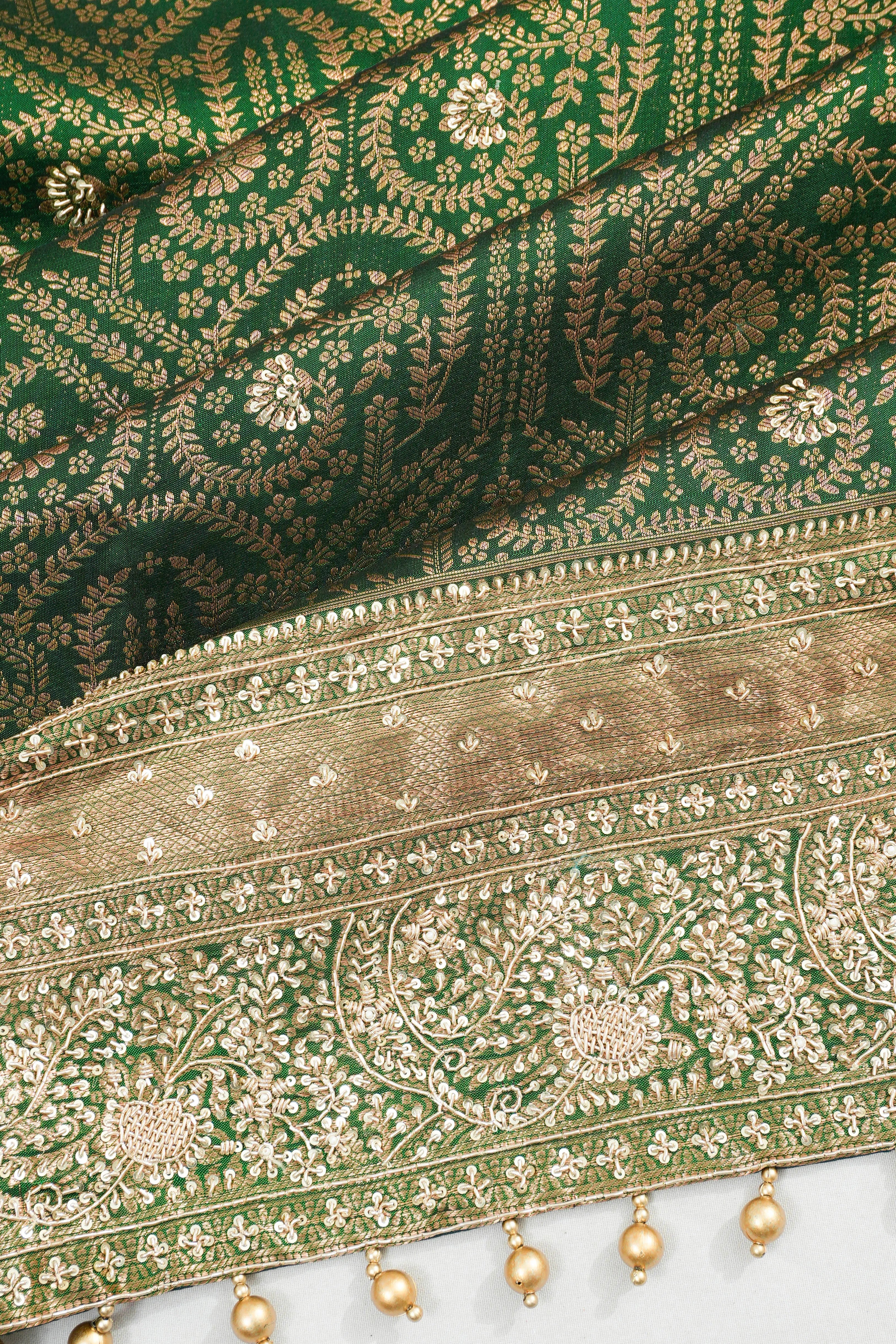 Kanchipuram Silk Brocade Bottle Green Saree With Zardosi Work