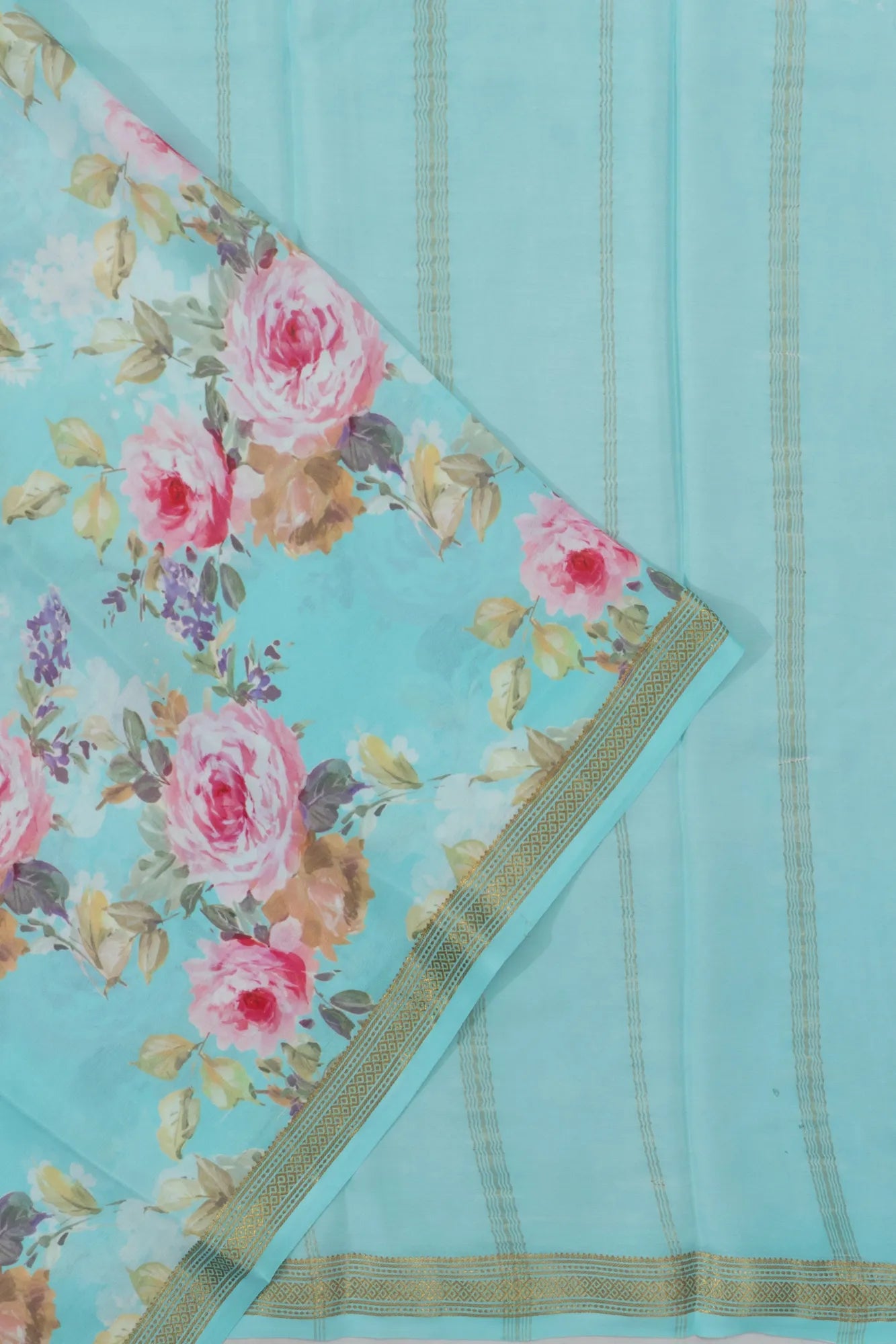 Crepe Floral Printed Sky Blue Saree
