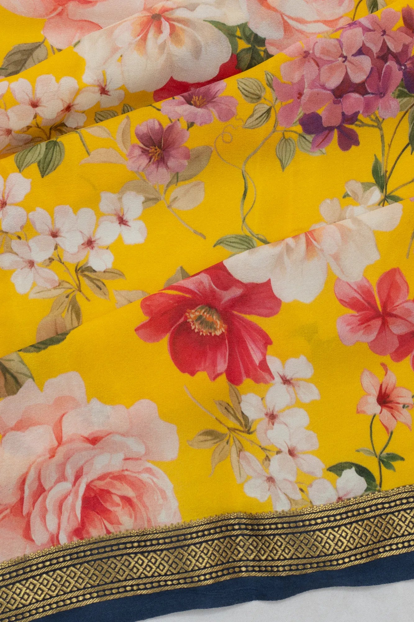 Crepe Floral Printed Yellow Saree
