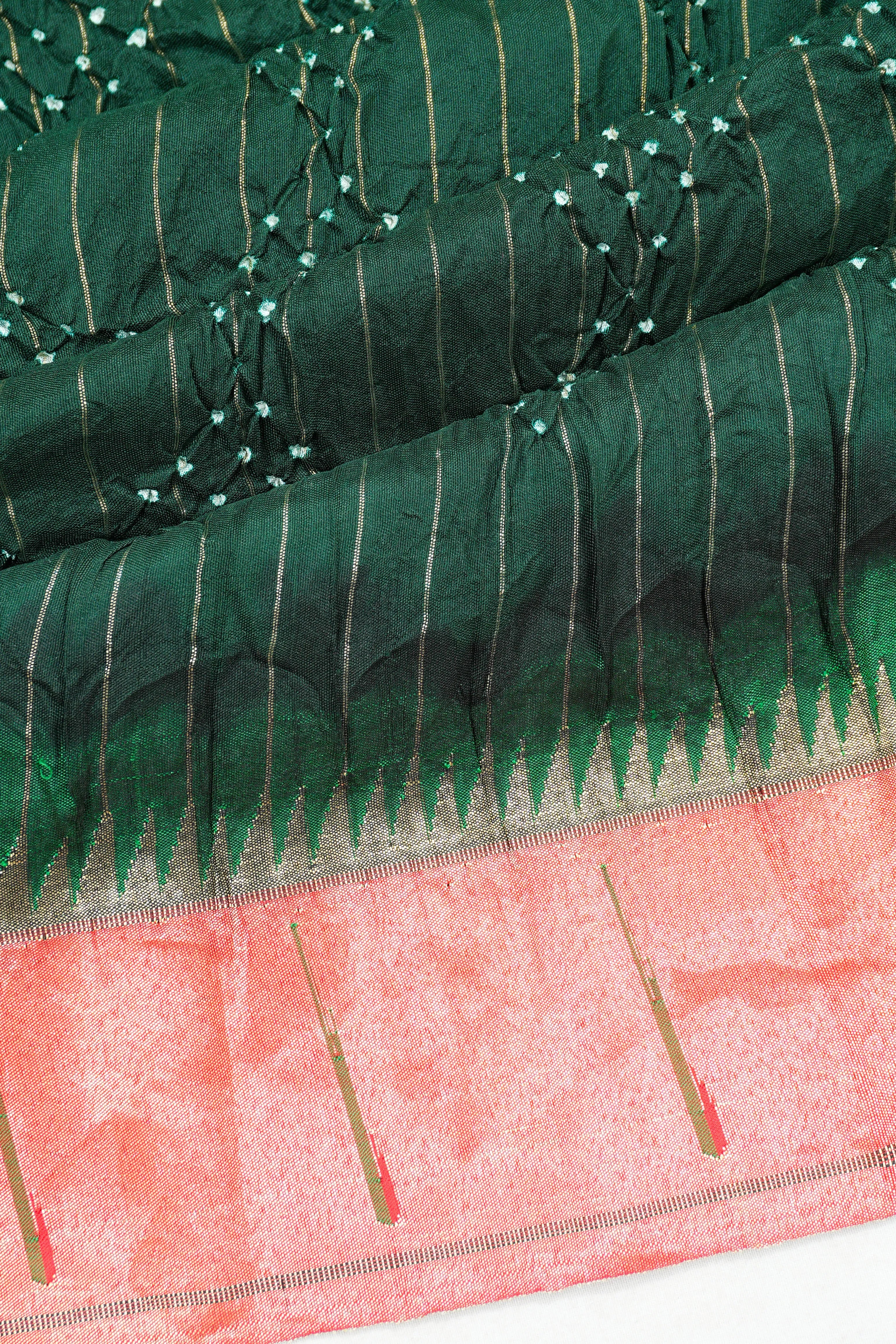 Paithani Silk Bandhani Butta Bottle Green With Single Muniya Border