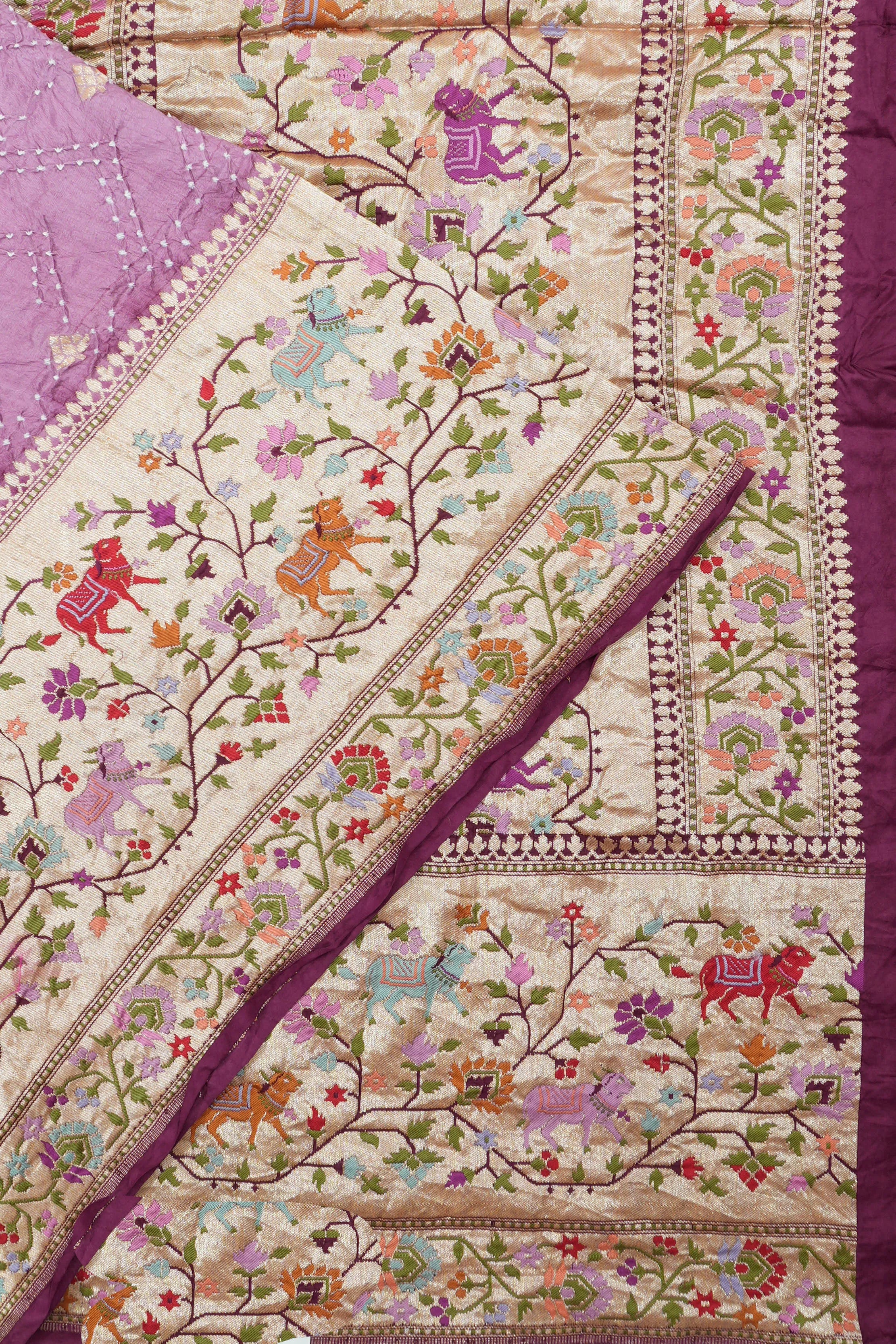 Banarasi Georgette Bandhani Butta Lavender Saree With Paithani Inspired Embroidery Border