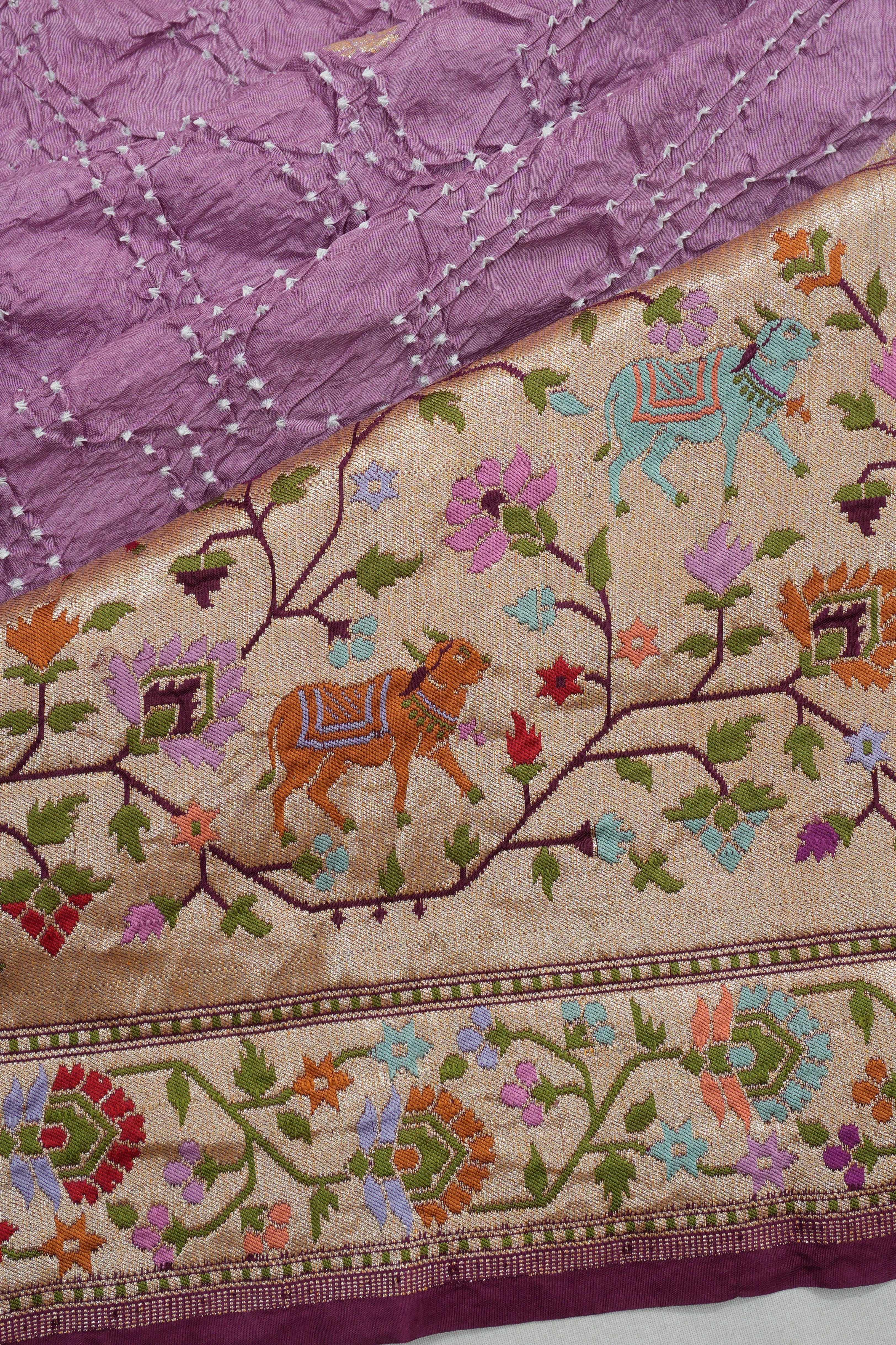 Banarasi Georgette Bandhani Butta Lavender Saree With Paithani Inspired Embroidery Border