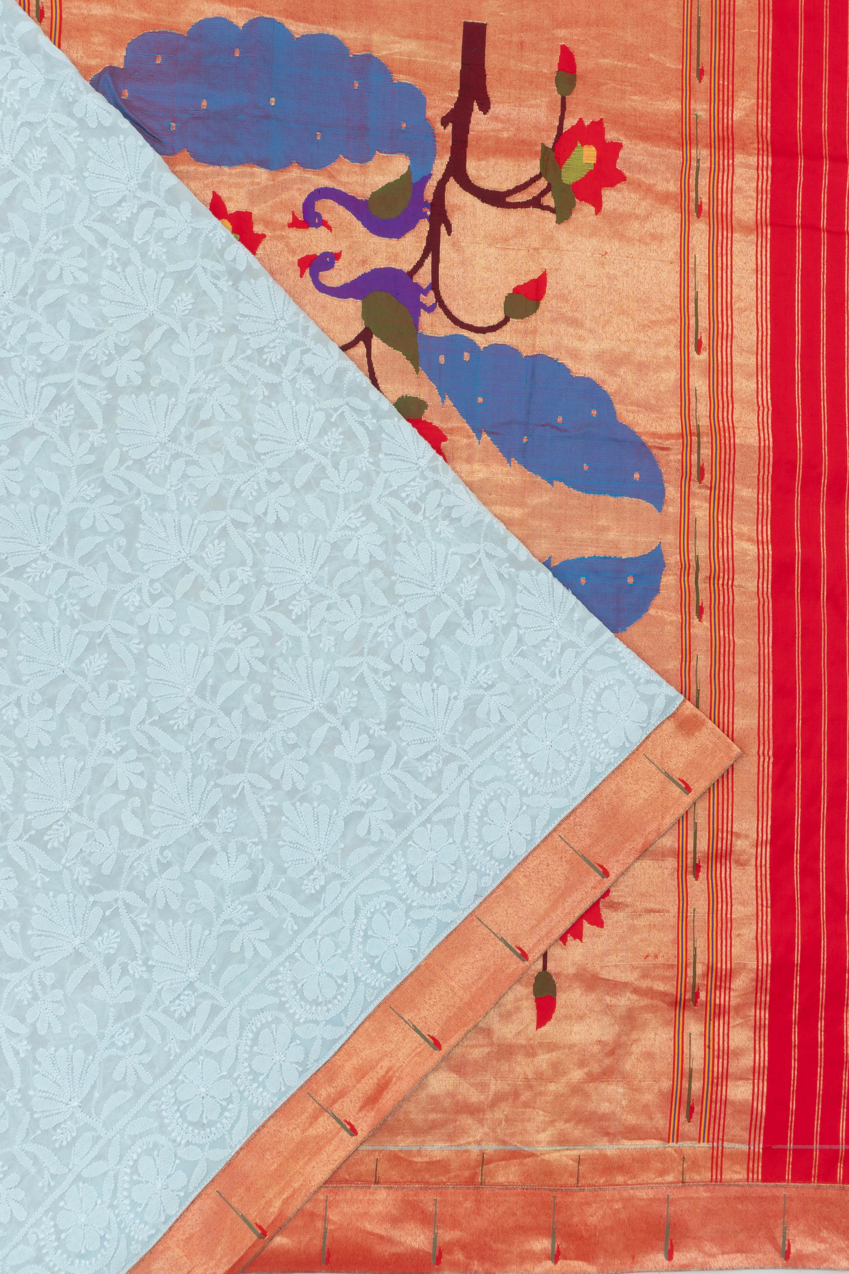 Paithani X Lucknow Chikankari Georgette All Over Embroidery Pastel Blue Saree