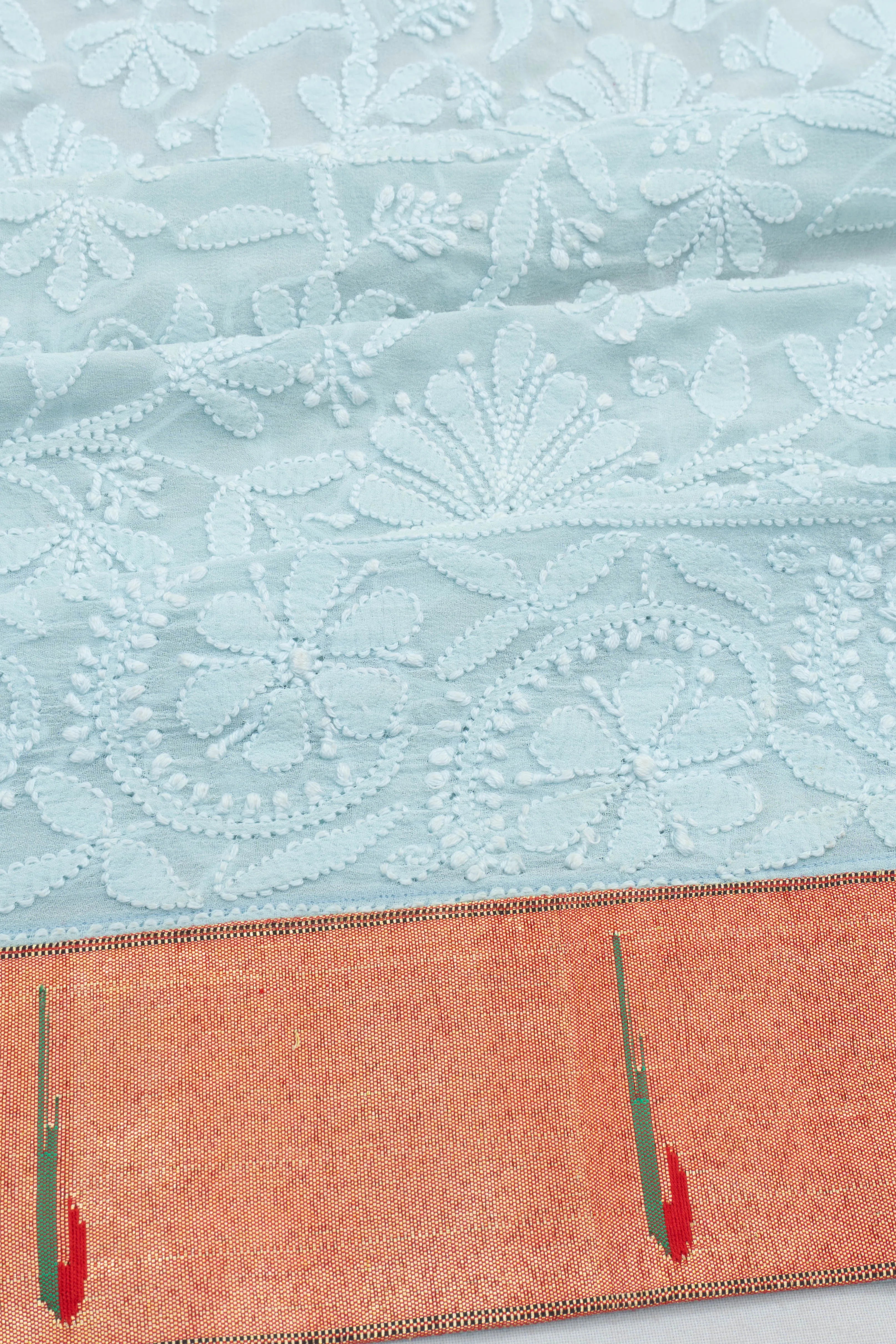 Paithani X Lucknow Chikankari Georgette All Over Embroidery Pastel Blue Saree