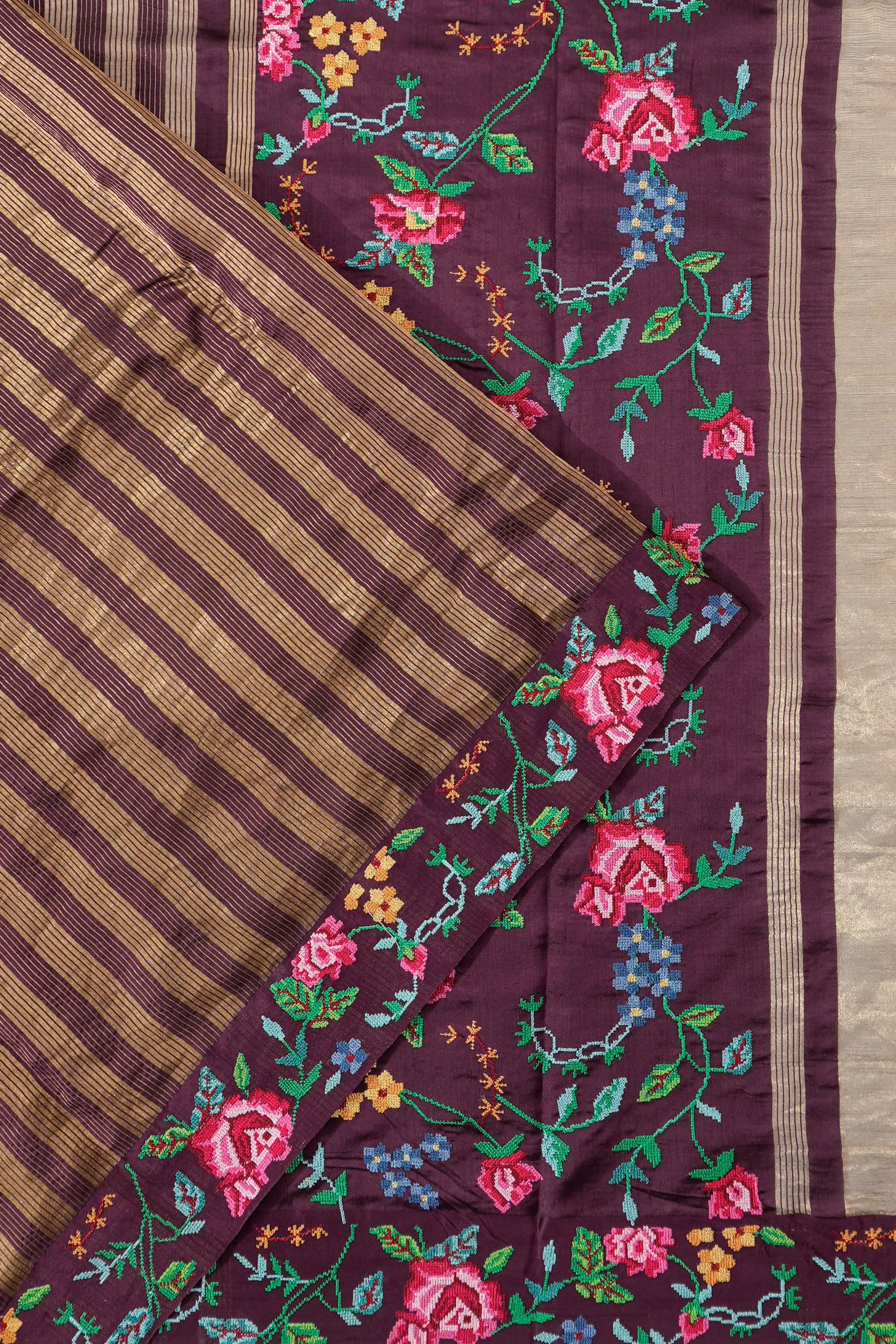 Banarasi Silk Vertical Lines Purple Saree With Embroidery Border
