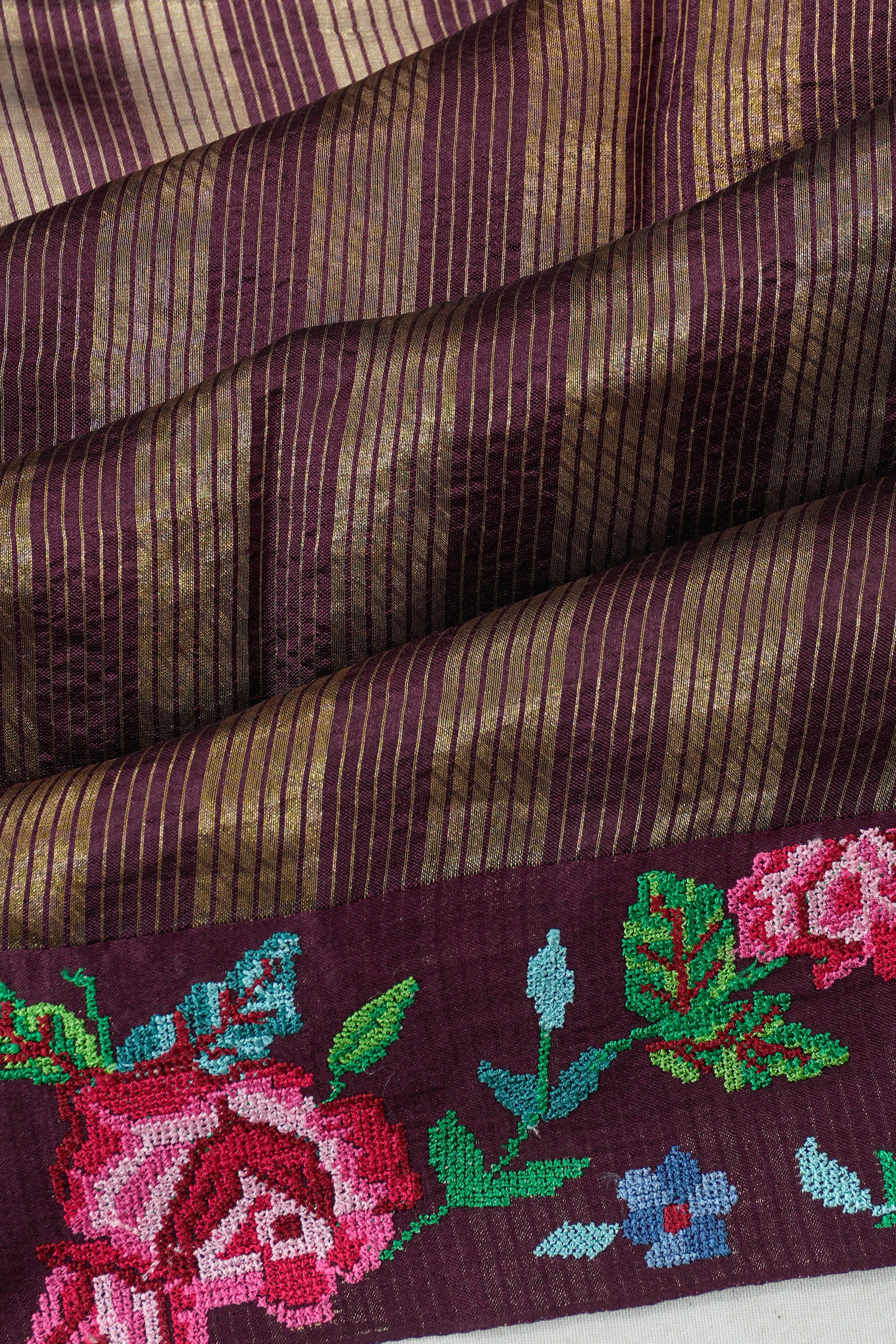 Banarasi Silk Vertical Lines Purple Saree With Embroidery Border