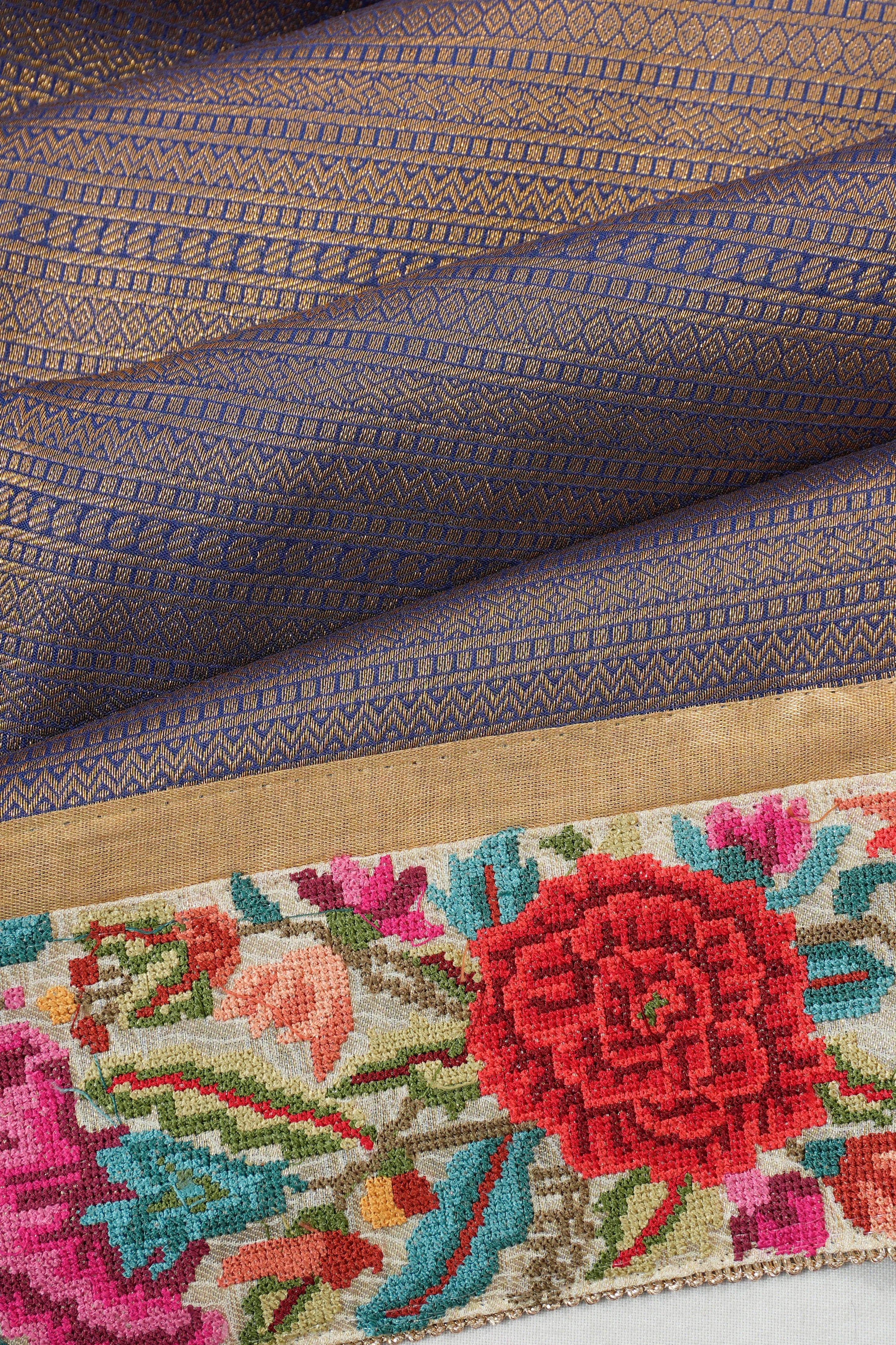 Taranga Kanchi Silk Brocade Blue Saree With Embroidery Border