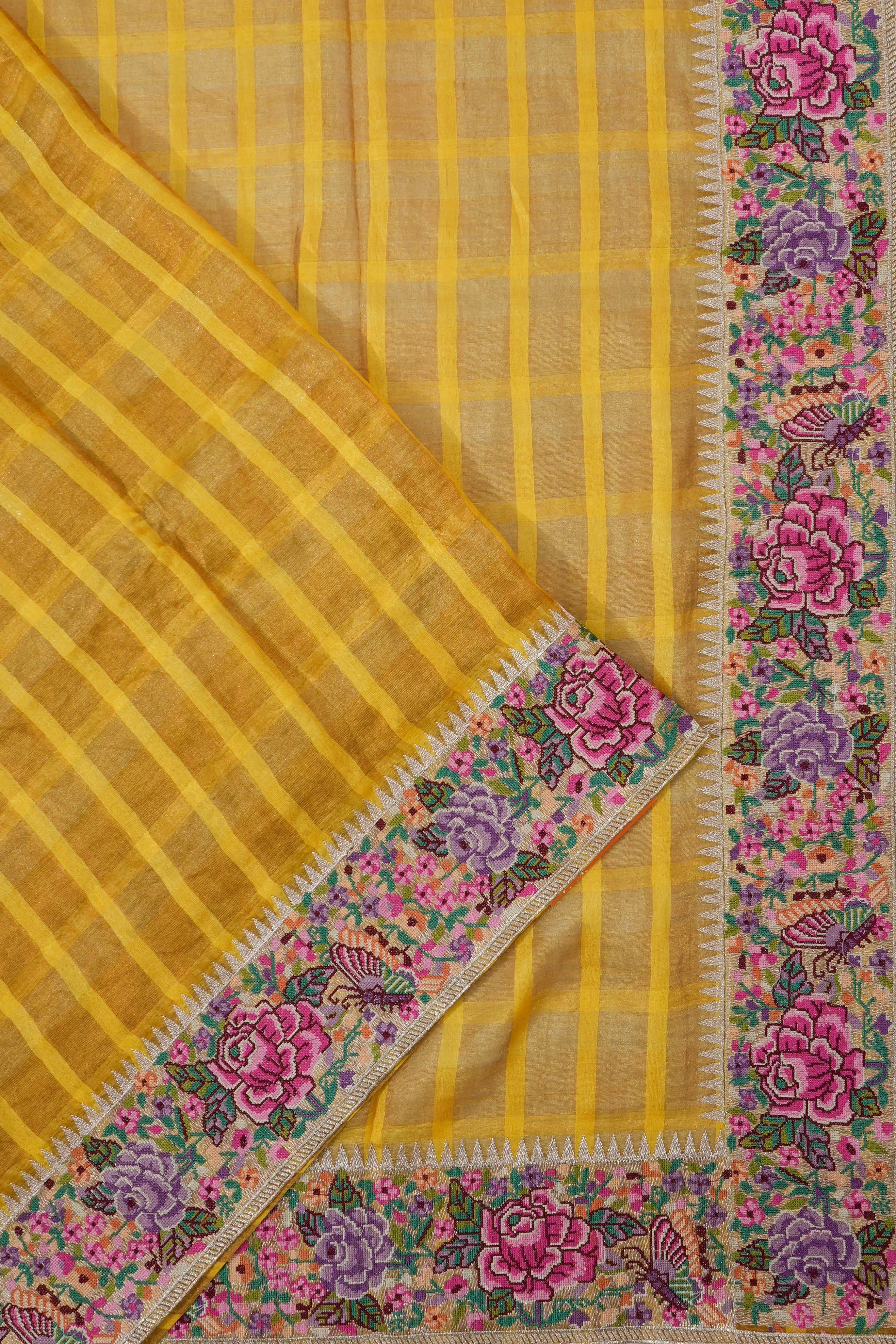 Organza Tissue Checks Yellow Saree