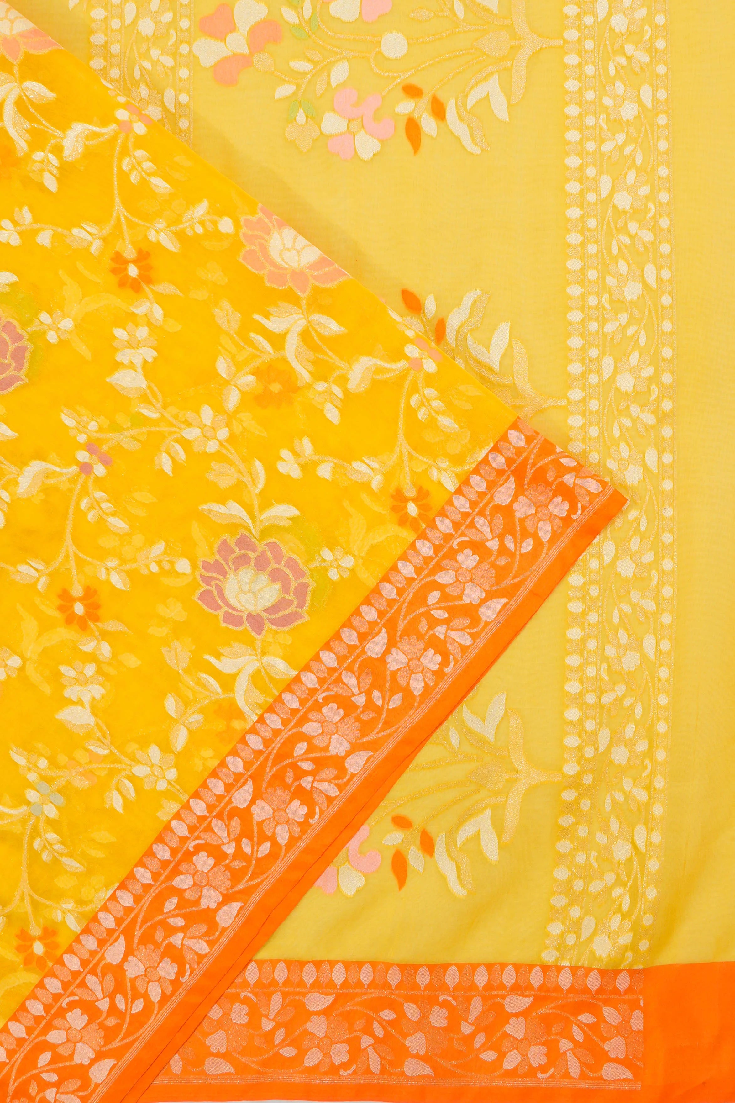Banarasi Kora Organza Jaal Yellow Saree