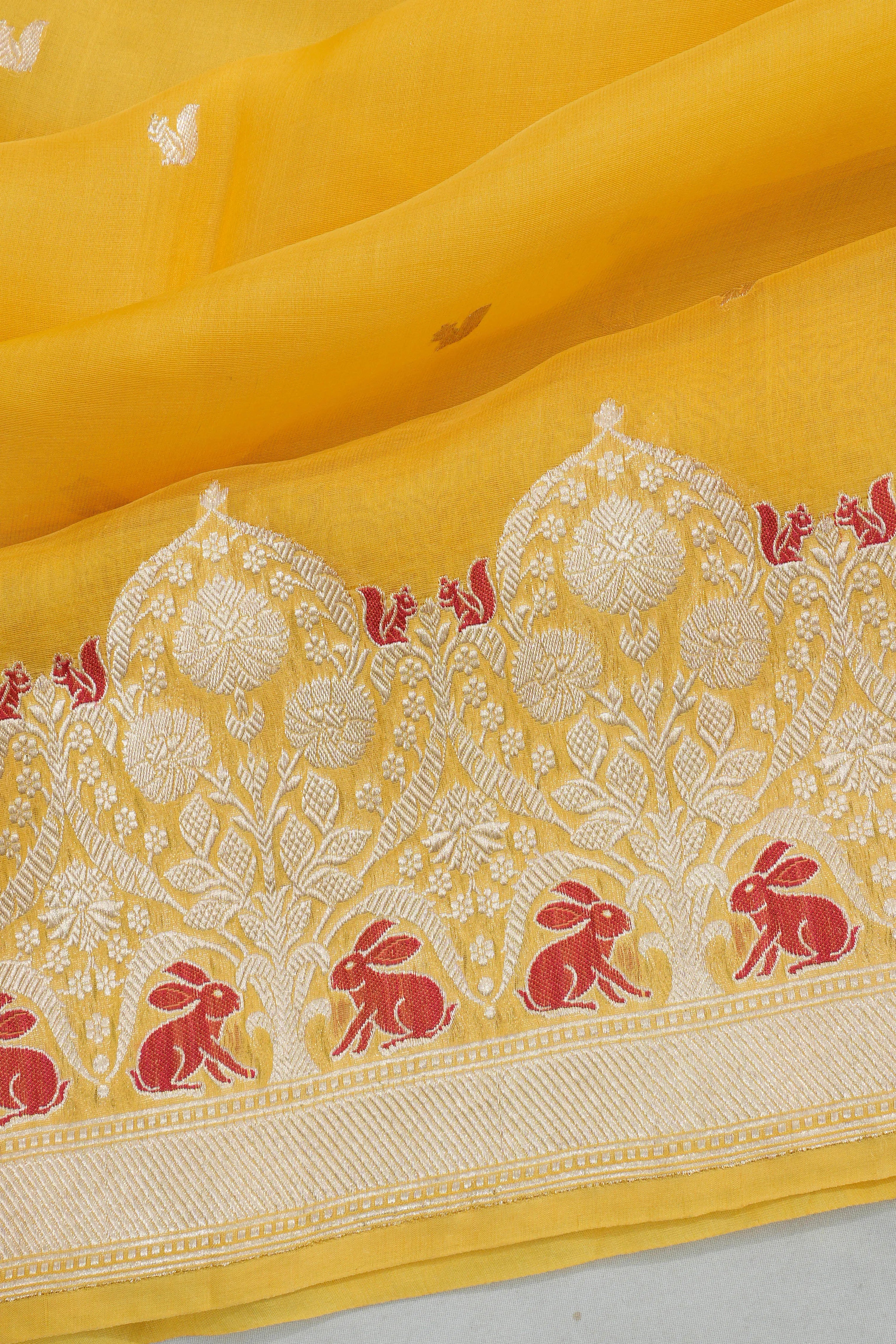 Banarasi Kora Organza Butta Yellow Saree