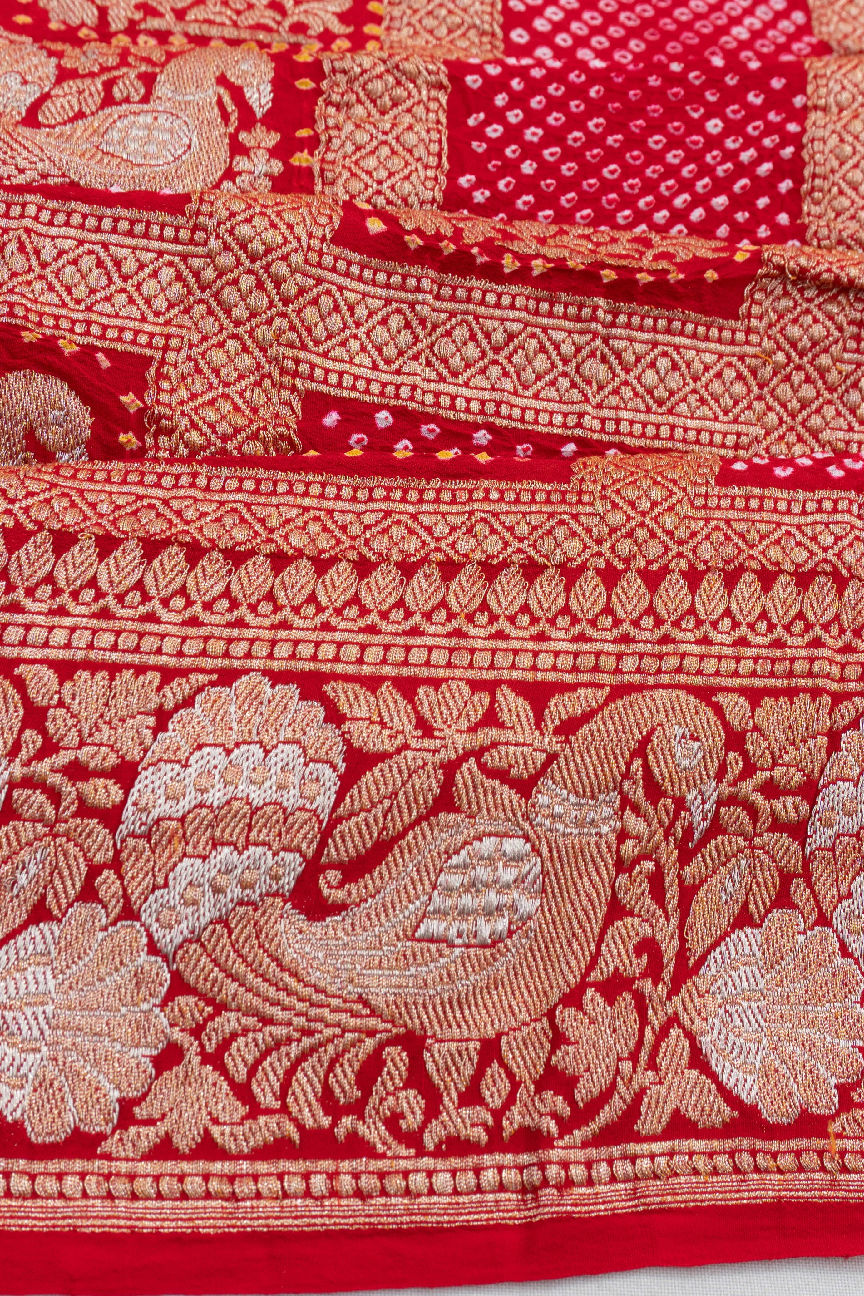 Gharchola Banarasi Georgette Bandhani Checks And Butta Red Saree