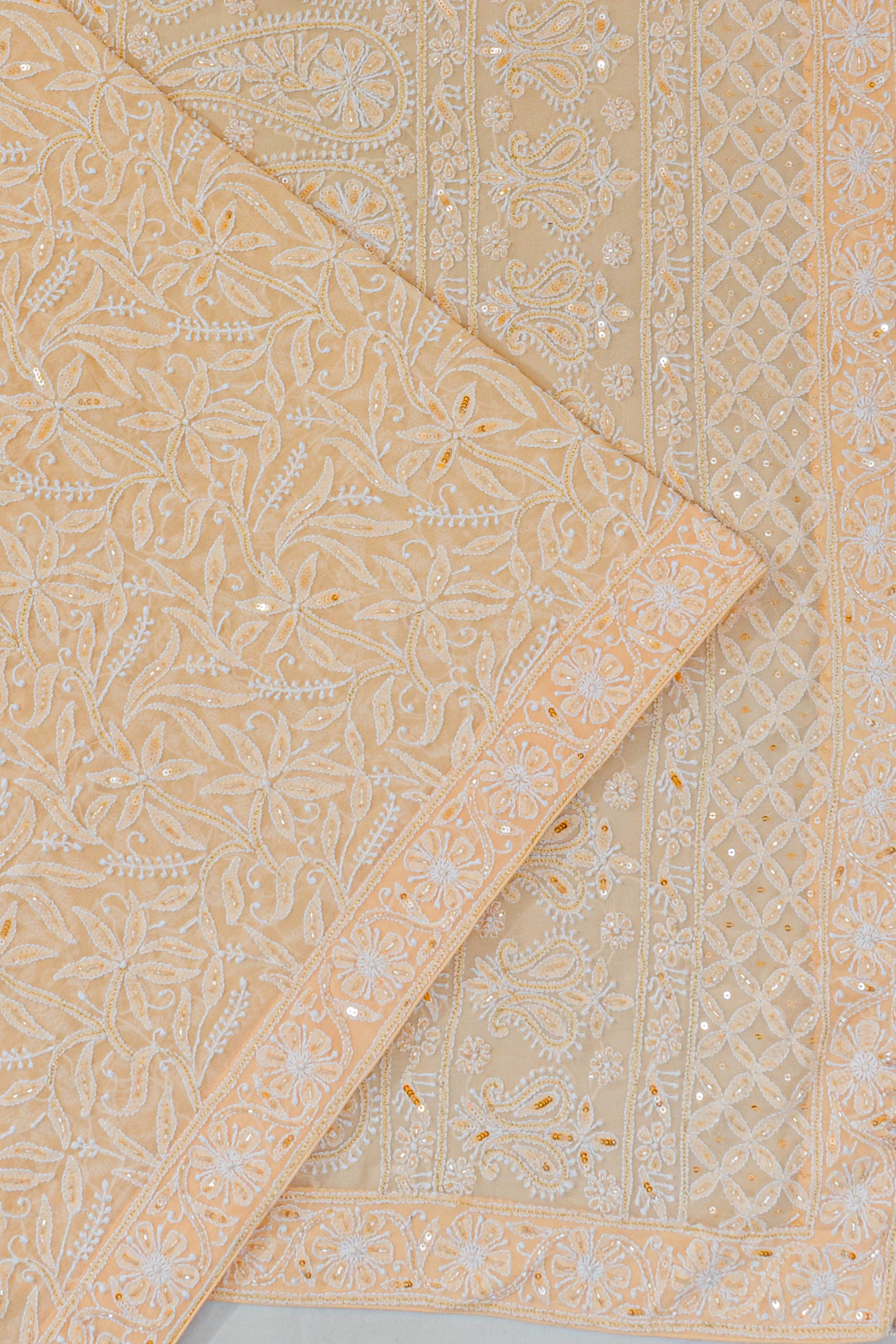 Lucknow Chikankari Georgette Embroidery Peach Saree