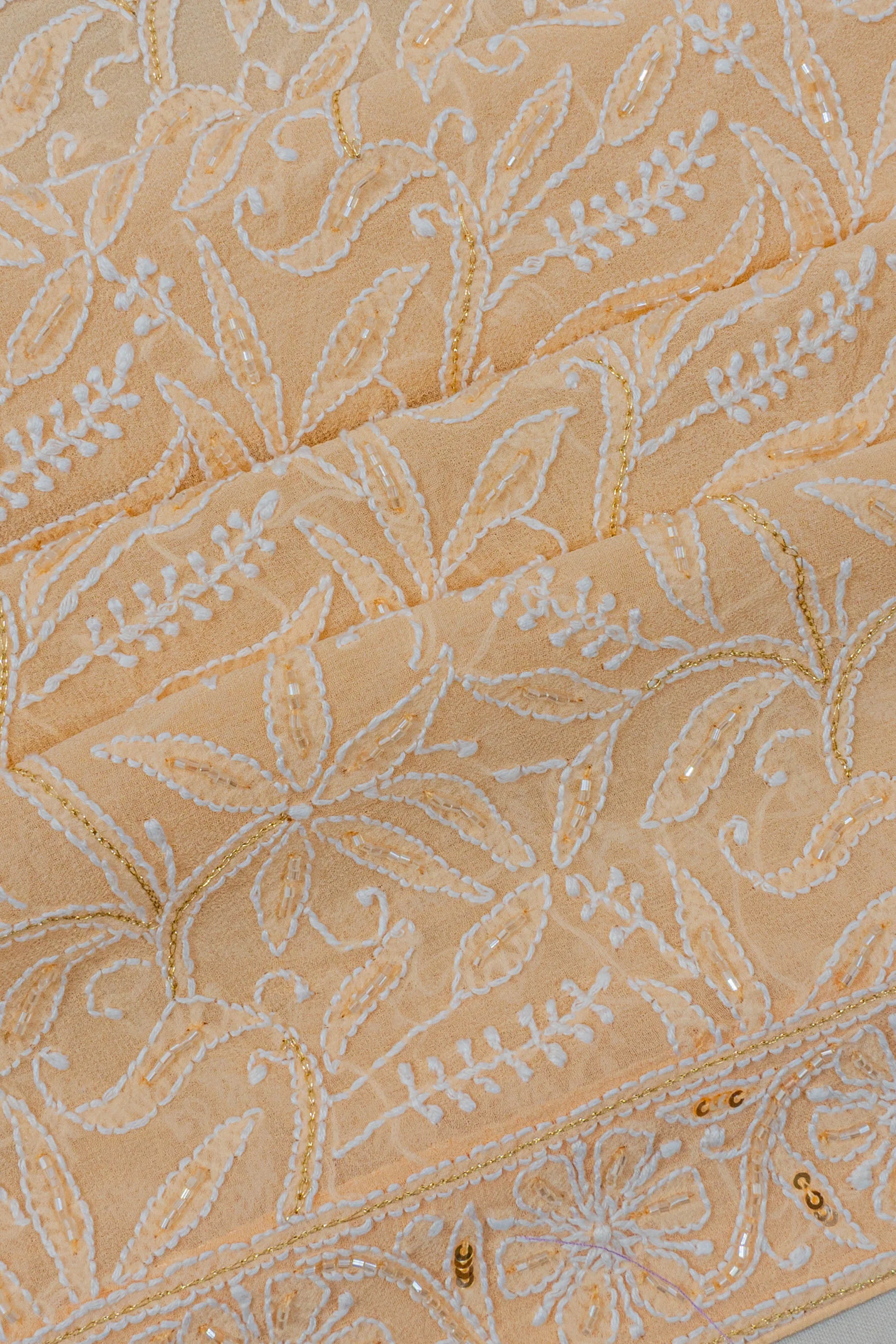 Lucknow Chikankari Georgette Embroidery Peach Saree