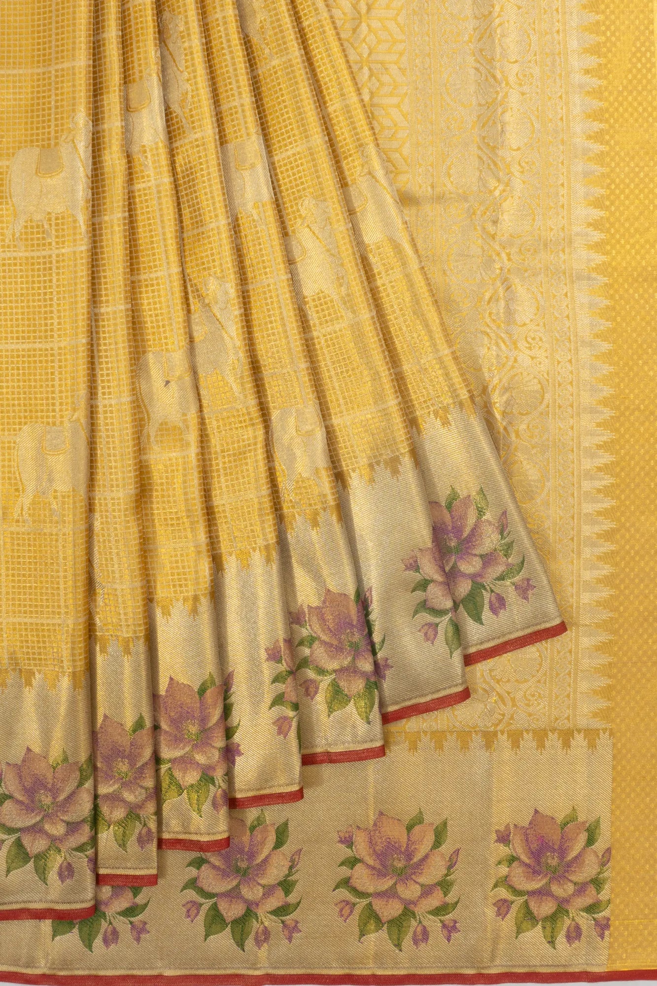 Kanchipuram Silk Tissue Checks And Butta Yellow Saree
