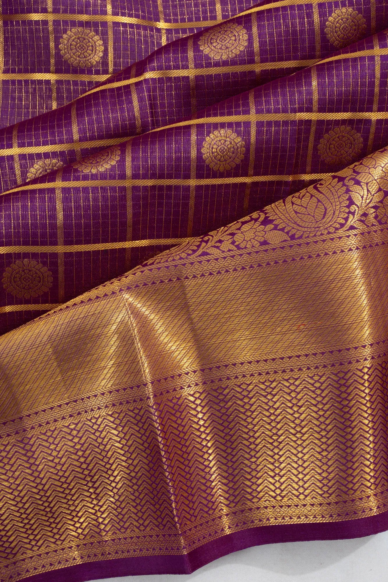 Taranga Kanchi Silk Checks And Butta Purple Saree