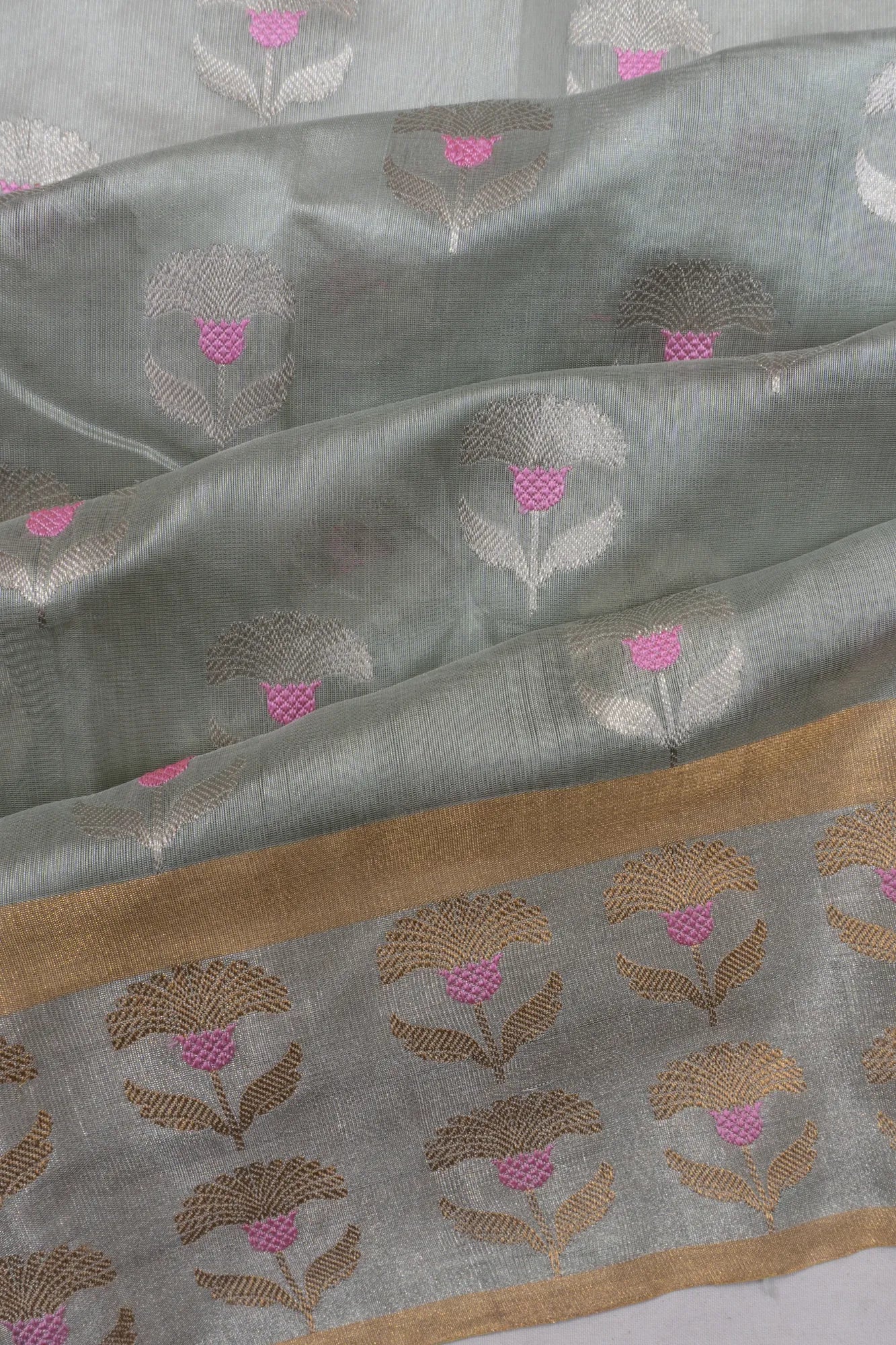 Pure Chanderi Silk Butta Sage Blue Saree