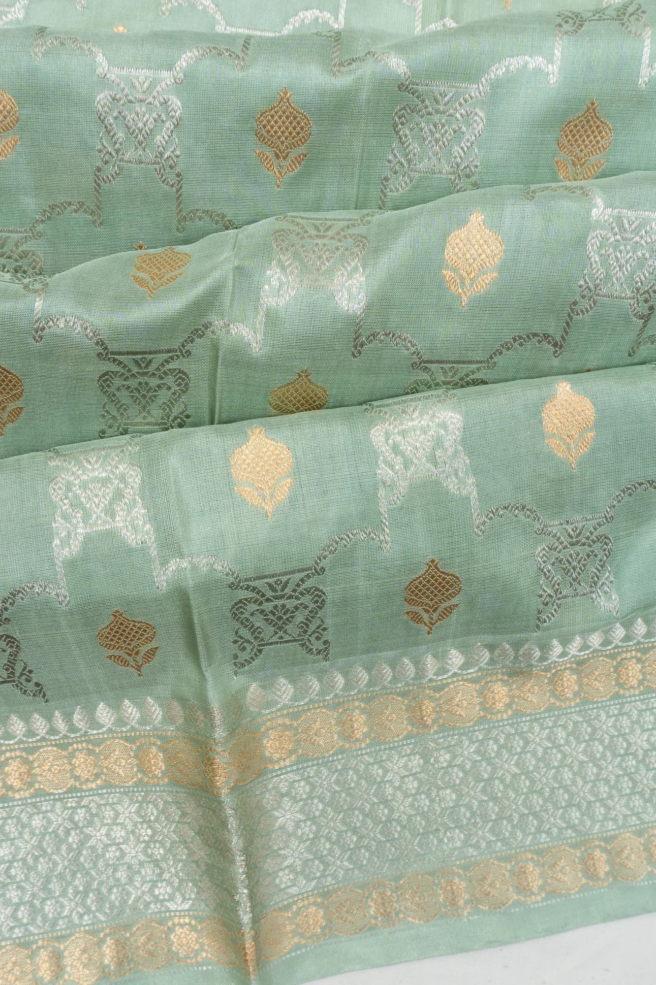 Pure Chanderi Silk Brocade Sage Blue Saree