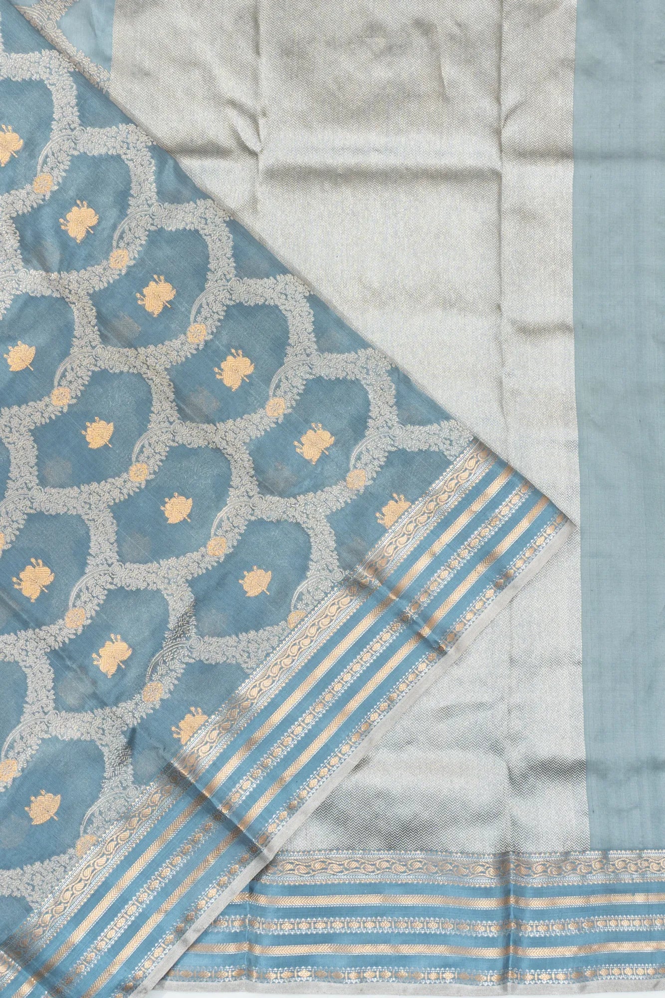 Pure Chanderi Silk Jaal And Butta Sky Blue Saree