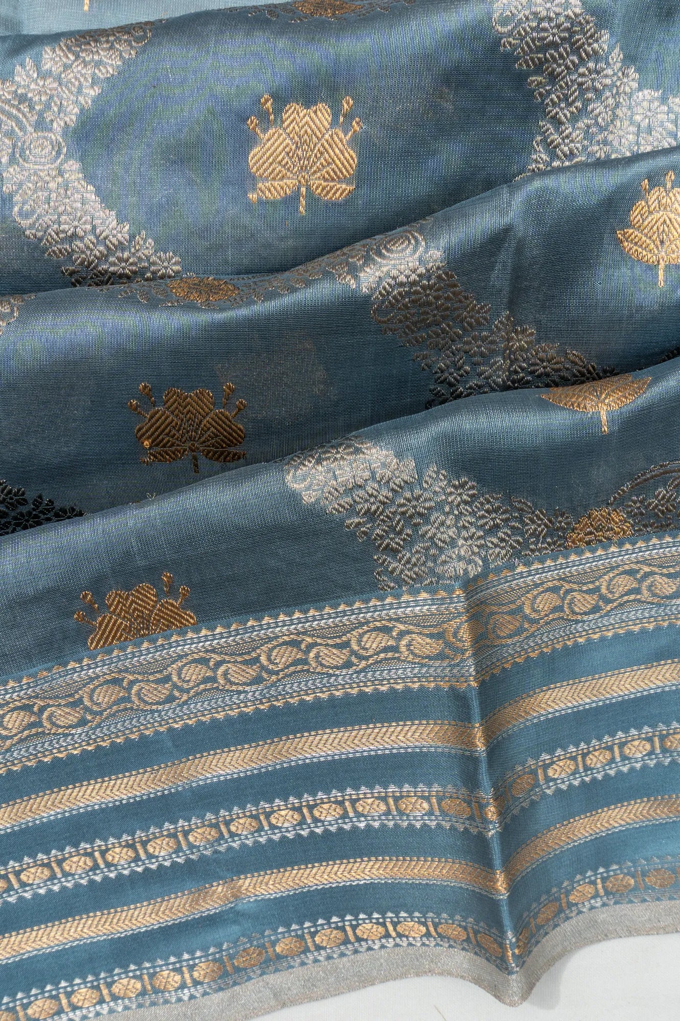 Pure Chanderi Silk Jaal And Butta Sky Blue Saree