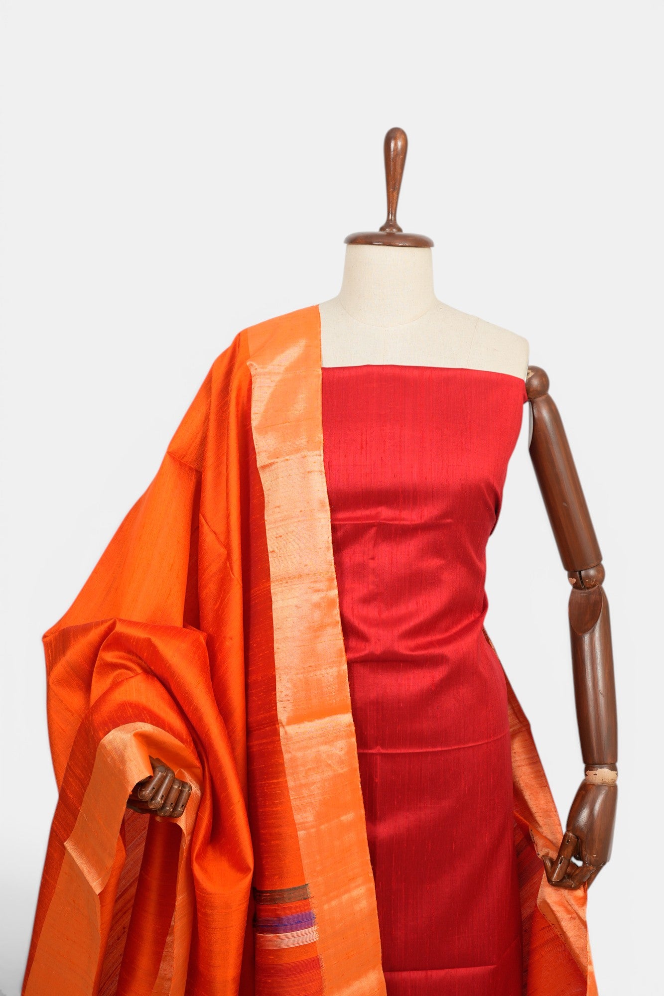 Tussar Plain Red Salwar Suit Set