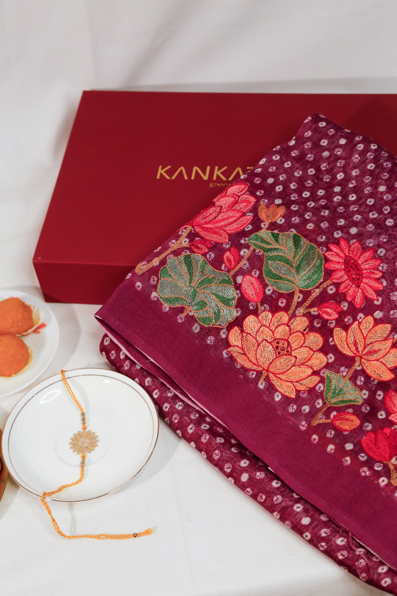 Tussar X Organza Bandhani Butta And Embroidery Purple Saree With Gift Box And Rakhi