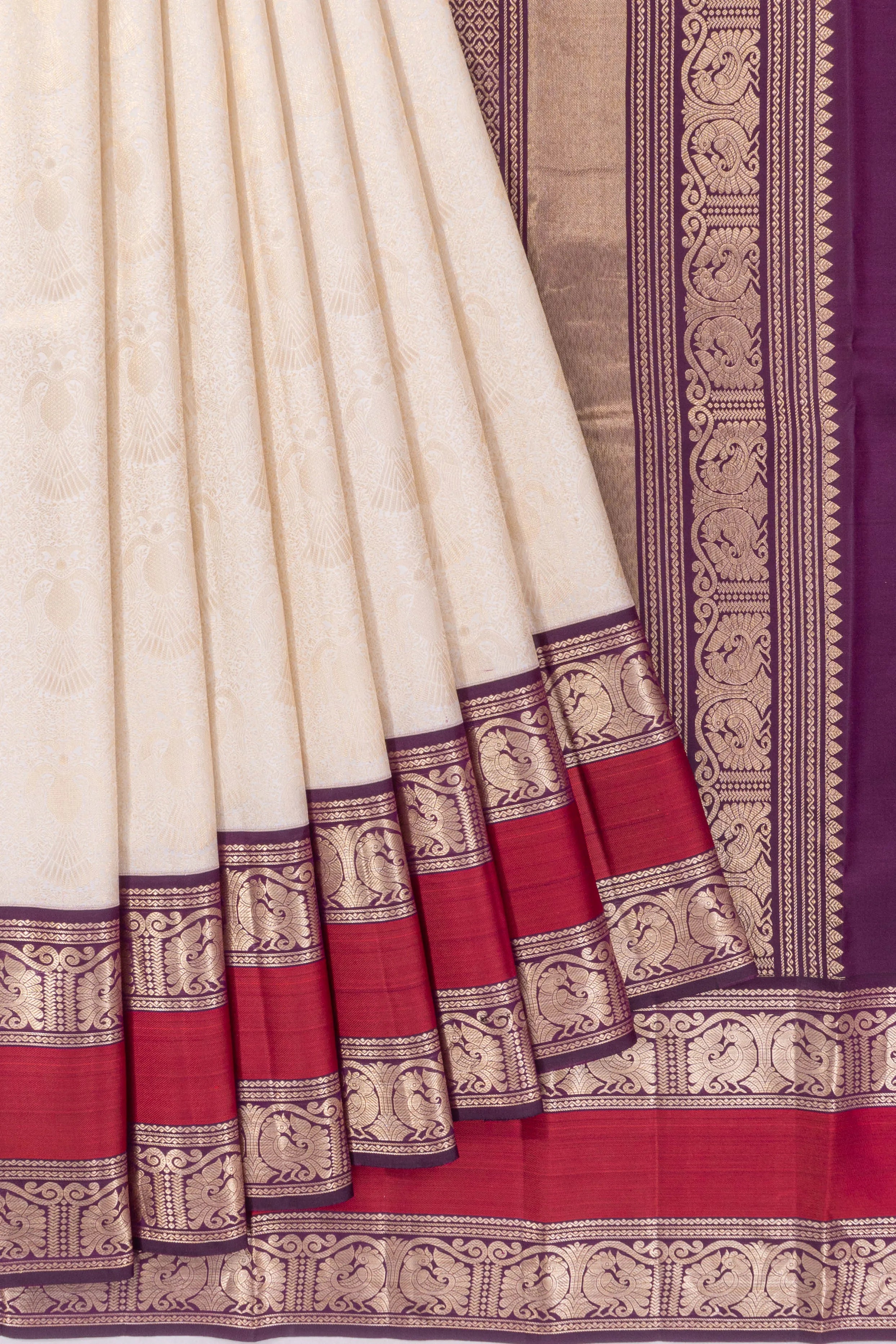 Kanchipuram Silk Brocade White Saree With Rettai Pettu Border
