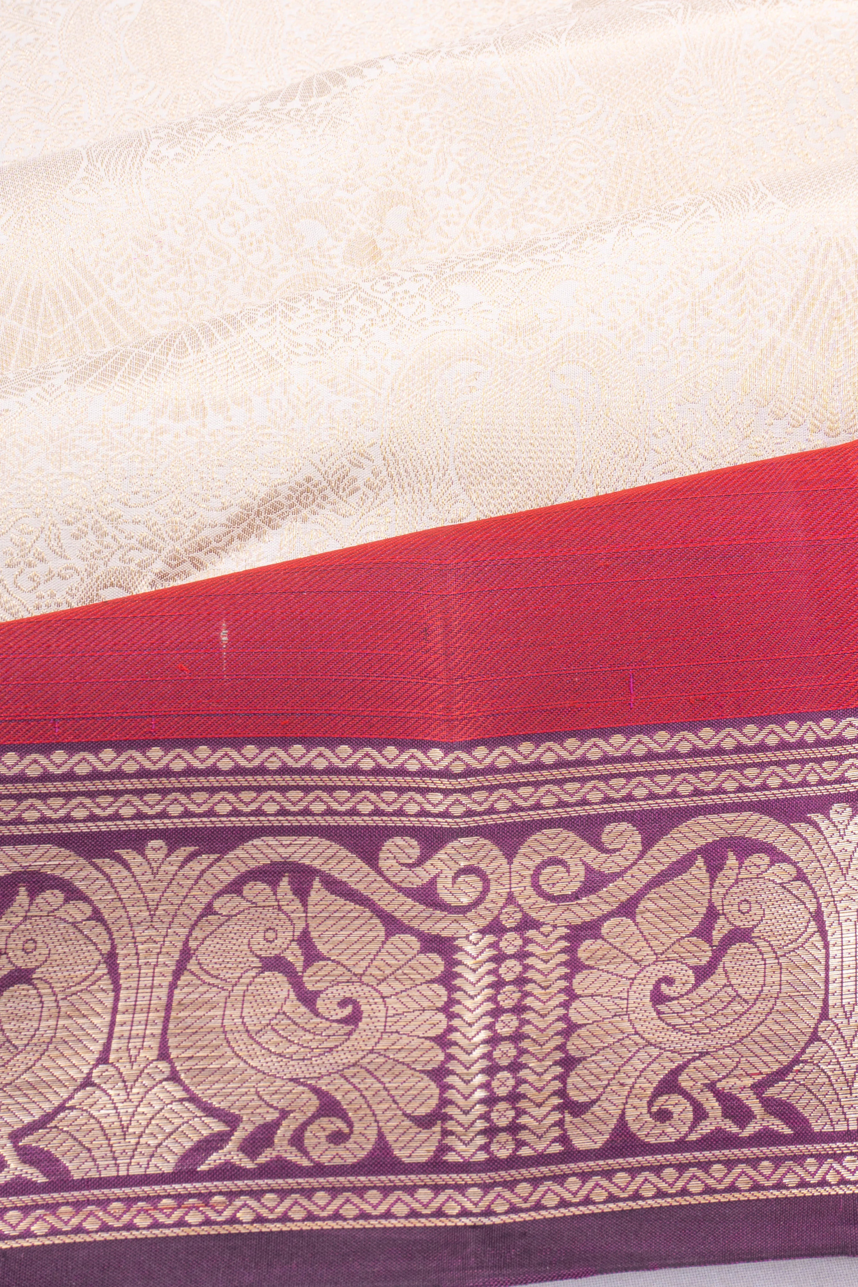 Kanchipuram Silk Brocade White Saree With Rettai Pettu Border