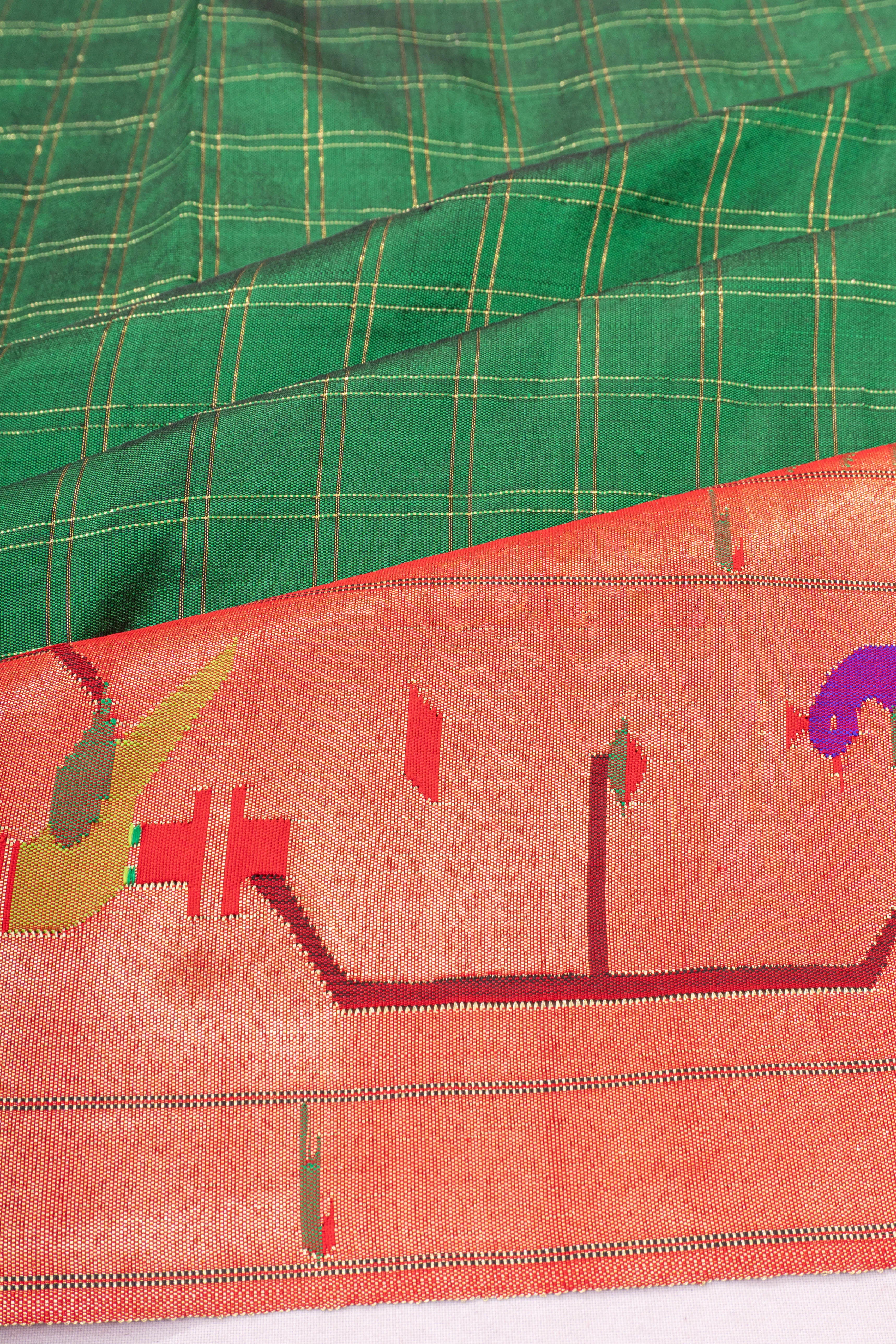 Paithani Silk Checks Bottle Green Saree With Double Muniya Border