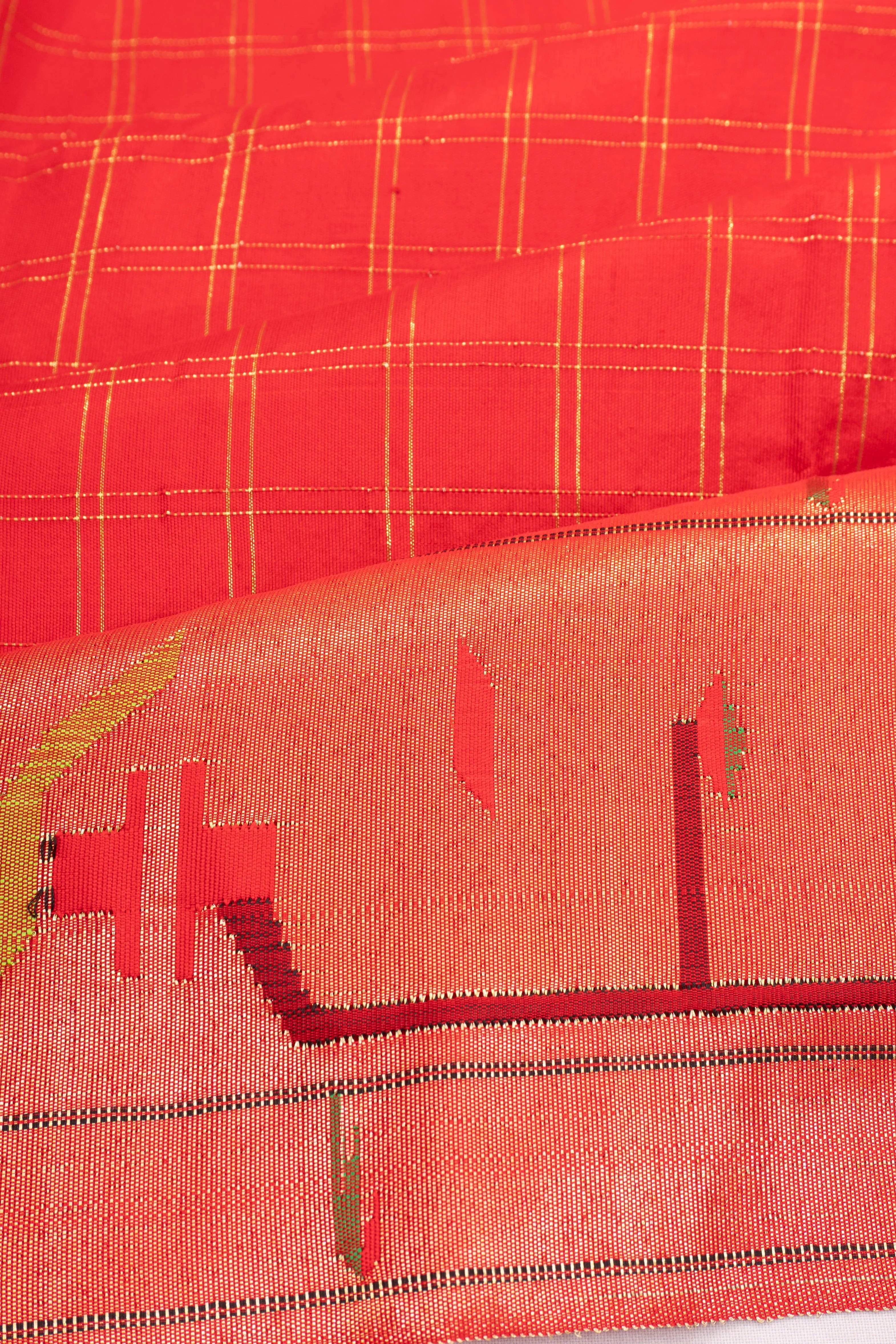 Paithani Silk Checks Red Saree With Double Muniya Border