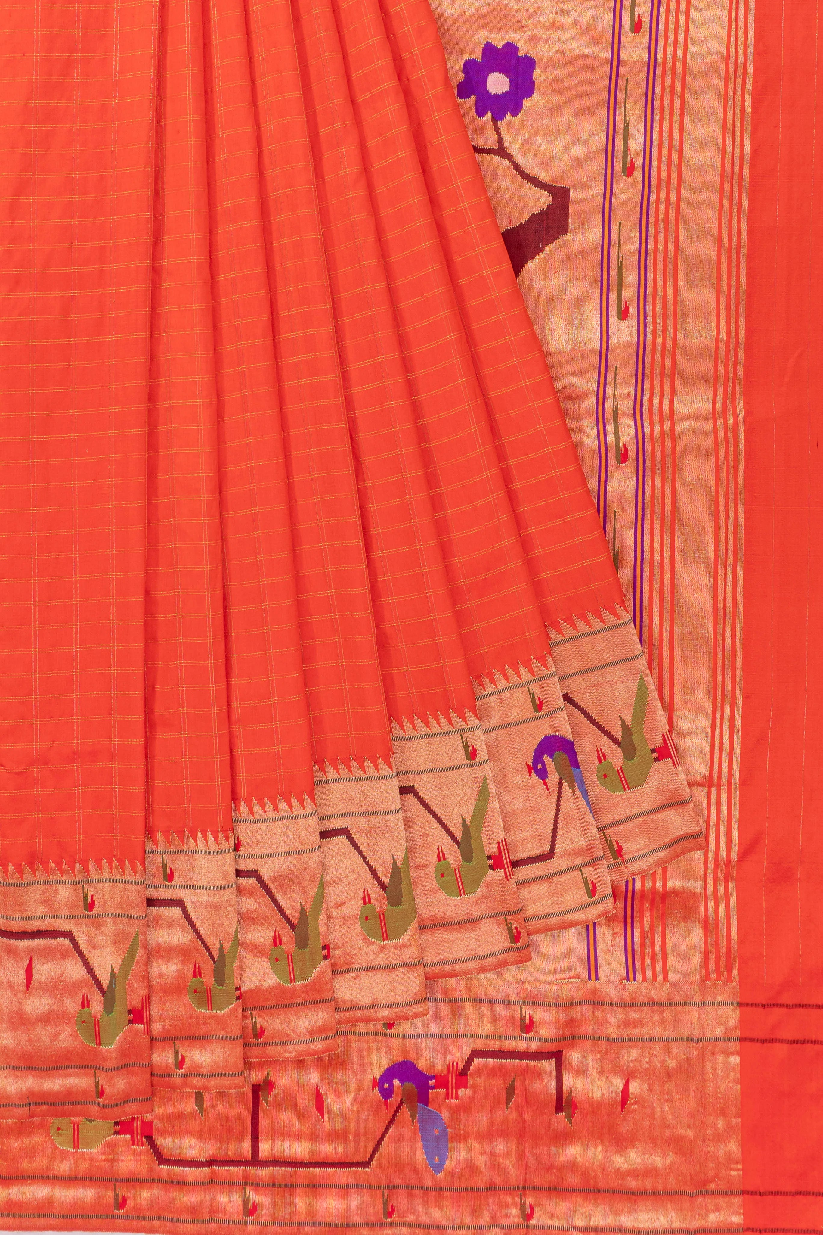 Paithani Silk Checks Orange Saree With Double Muniya Border