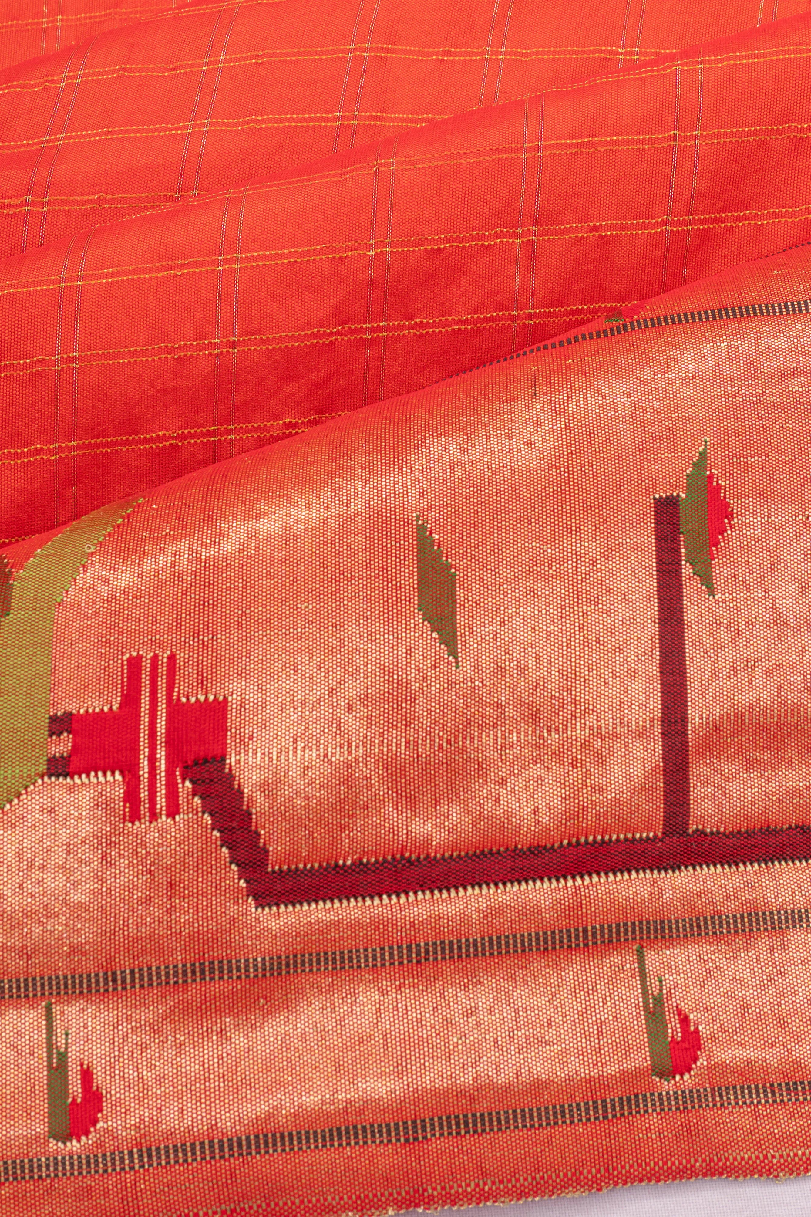 Paithani Silk Checks Orange Saree With Double Muniya Border