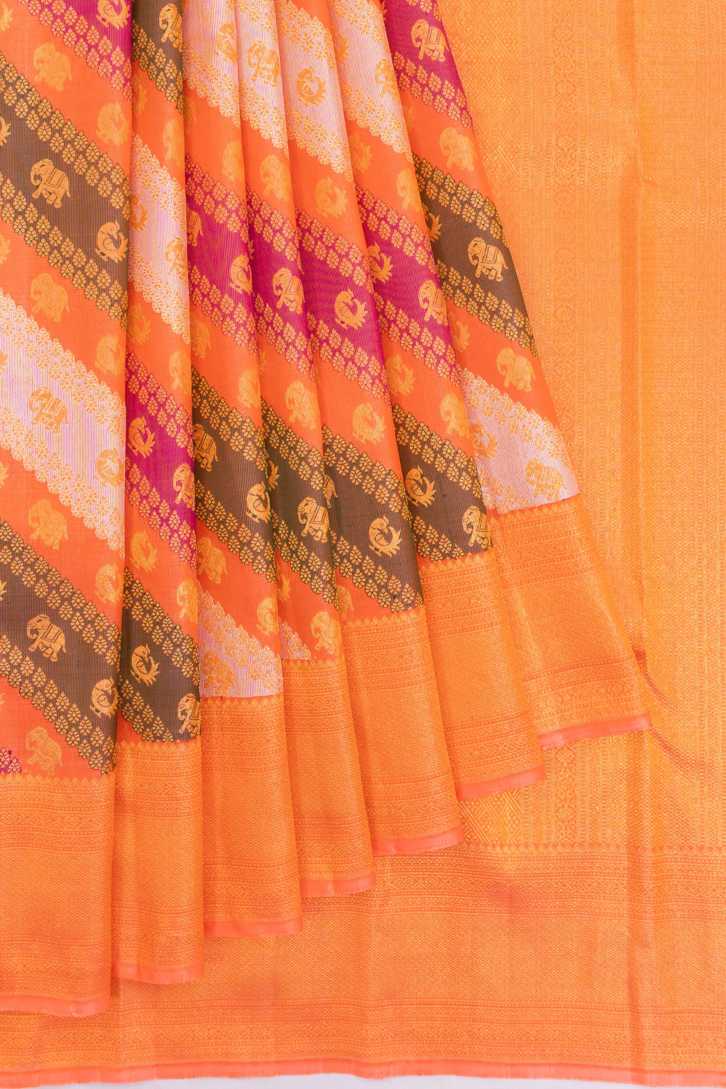 Kanchipuram Silk Jaal Rangkat Orange Saree