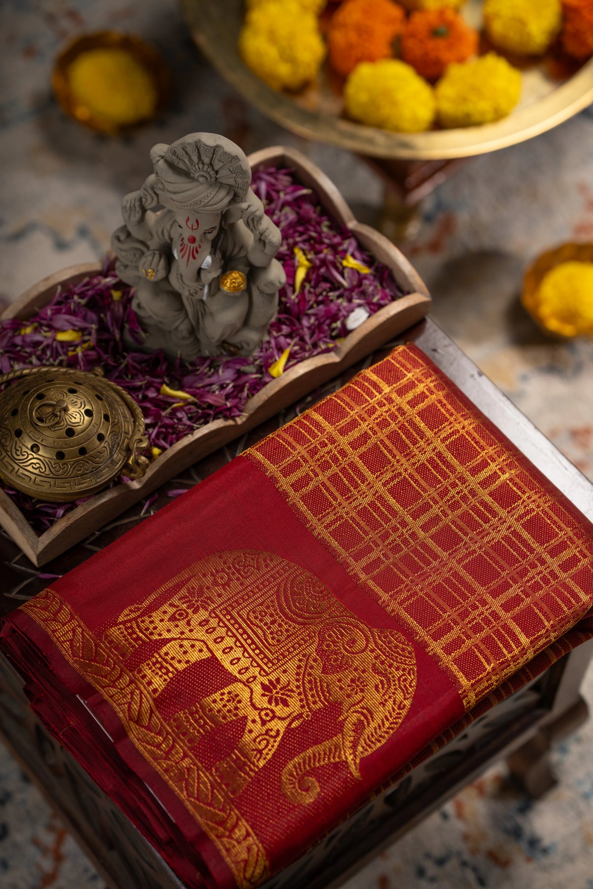 Kanchipuram Silk Checks Red Saree