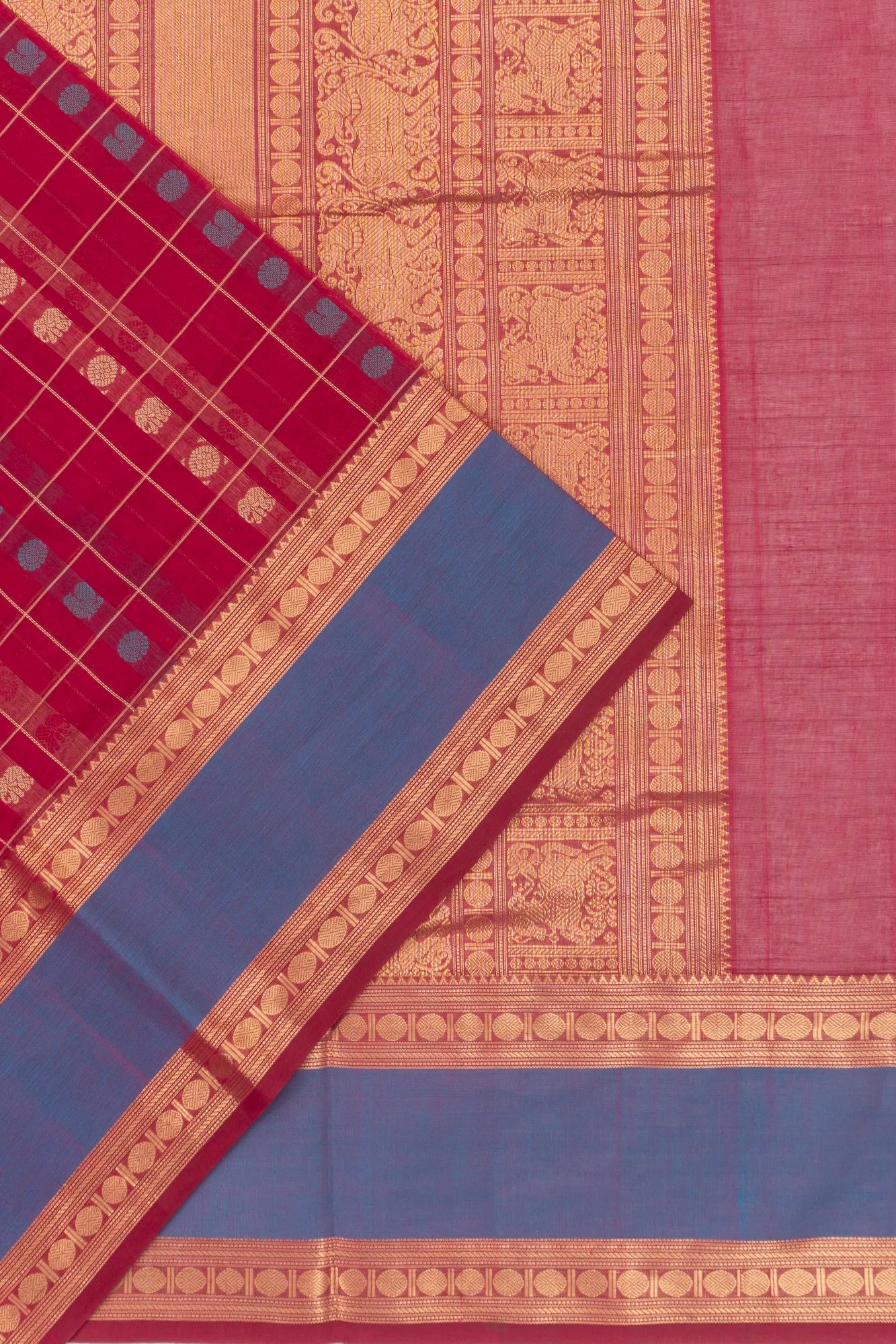 Chettinad Cotton Checks And Butta Red Saree