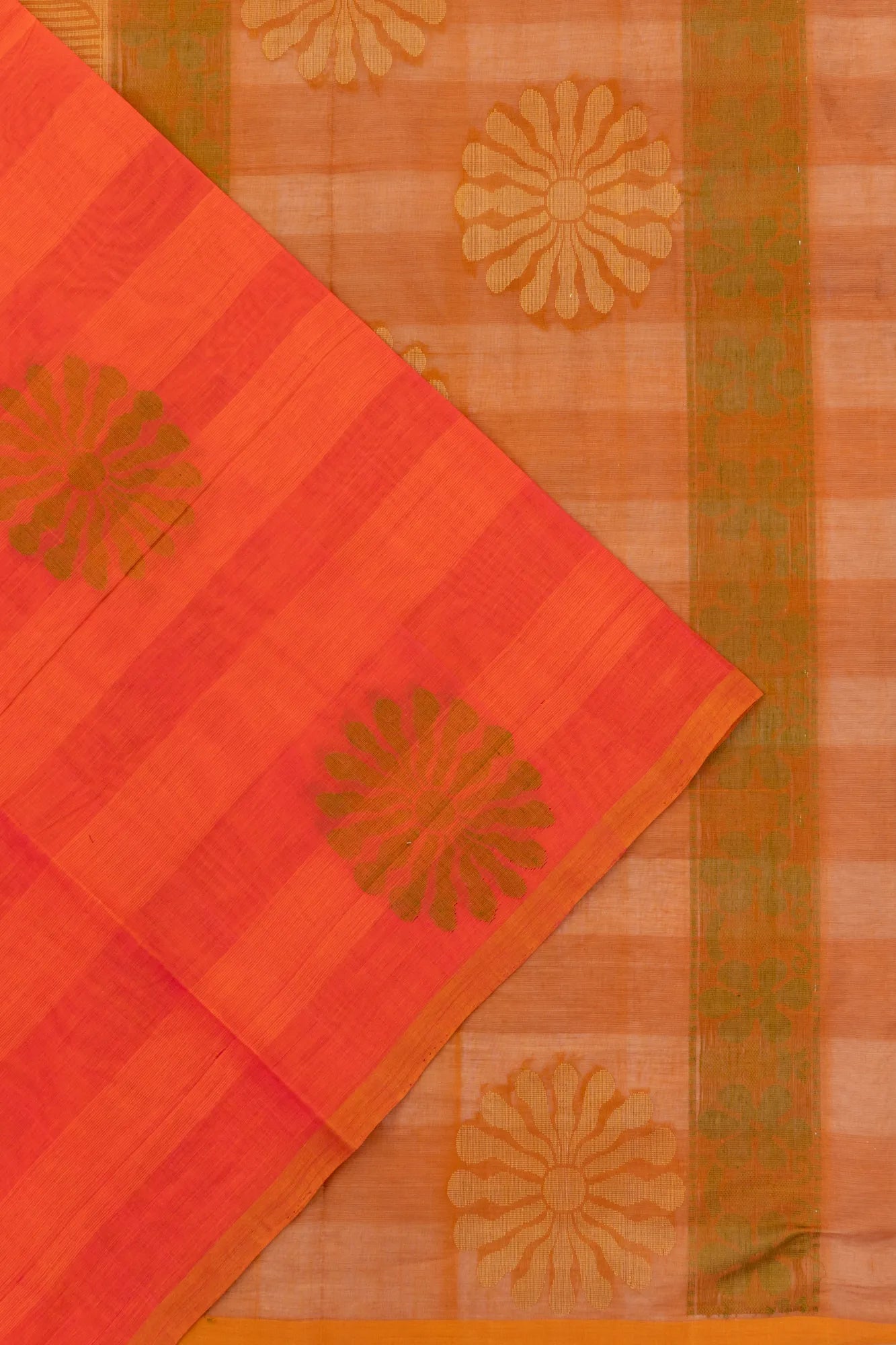 Chettinad Cotton Lines And Butta Orange Saree
