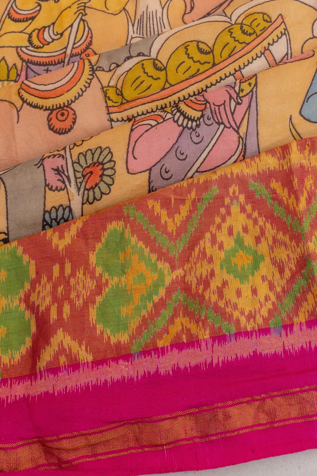 Kalamkari X Rajkot Patola Silk Ikat Yellow Saree