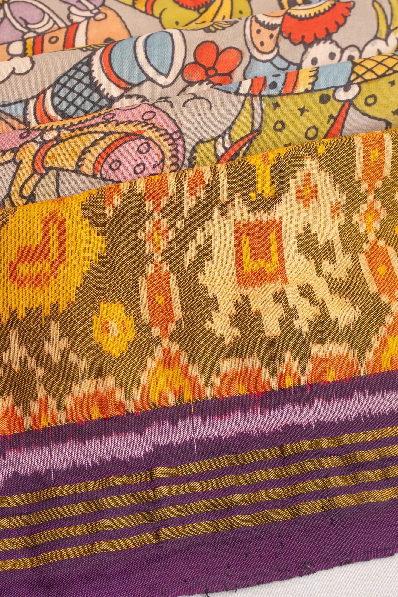 Kalamkari X Rajkot Patola Silk Ikat Grey Saree