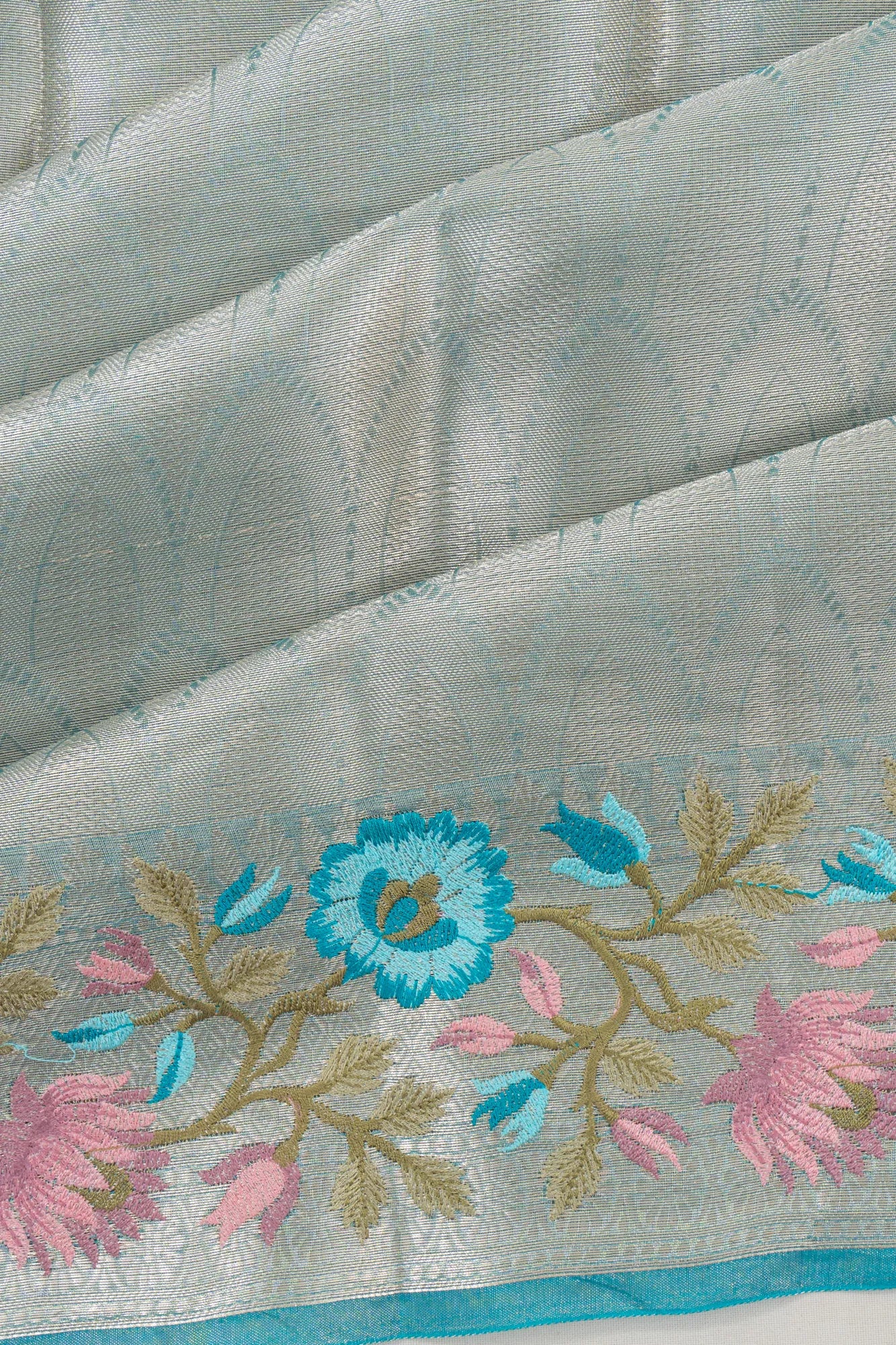 Banarasi Silk Tissue Brocade Blue Saree With Embroidery Border