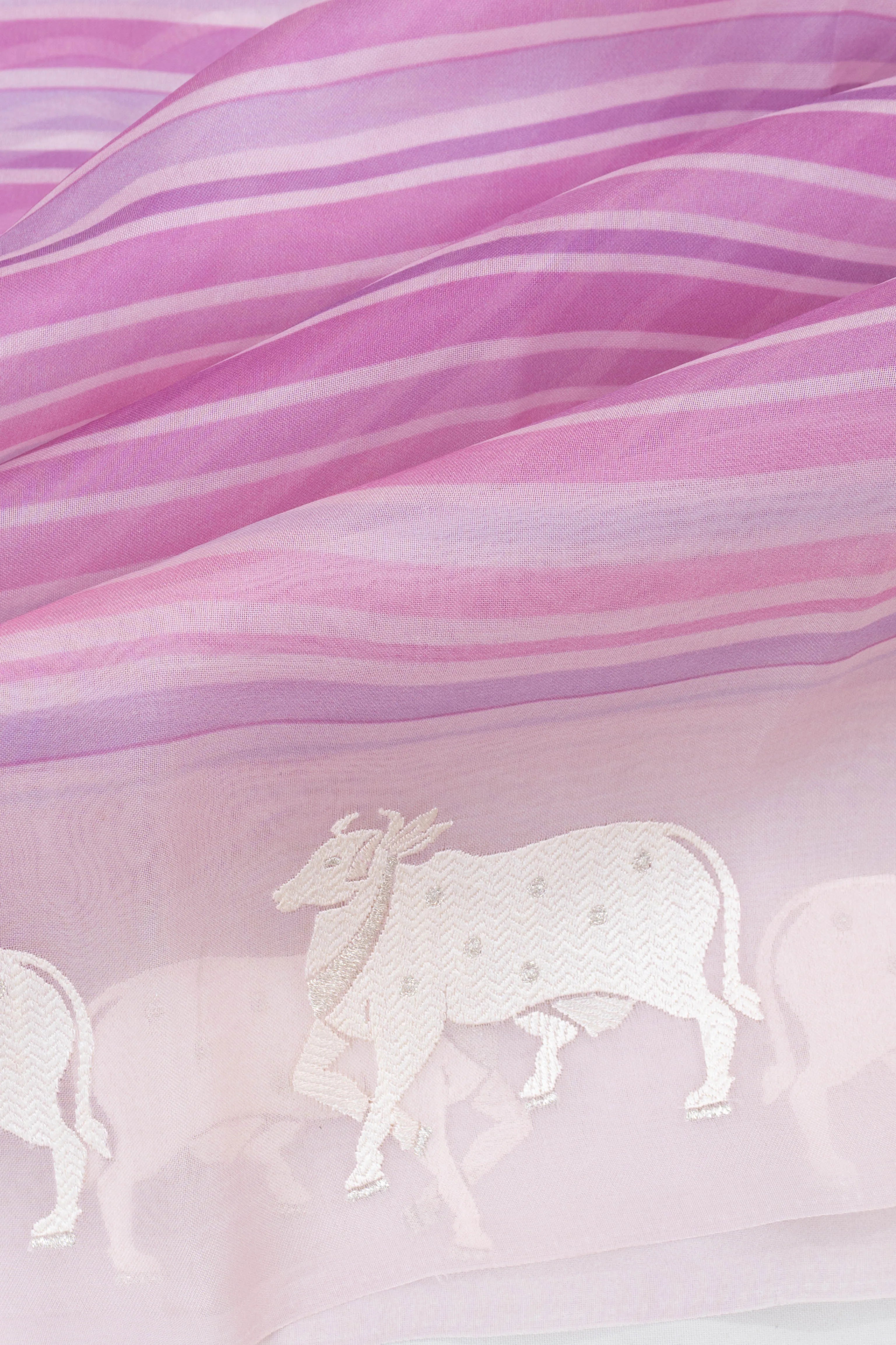 Organza Lines Lavender Saree With Embroidery Pichwai Border