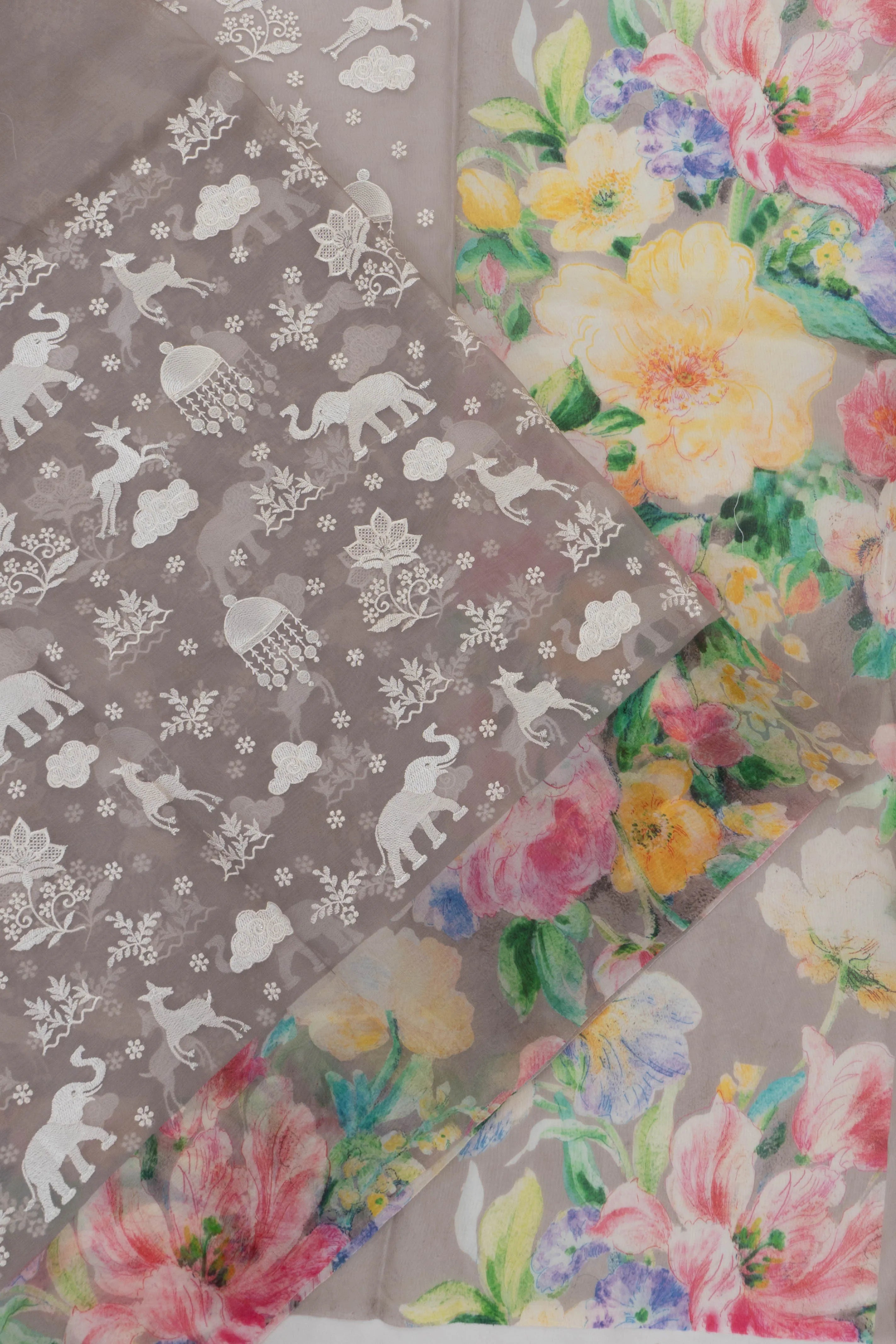 Organza Embroidery Butta Grey Saree