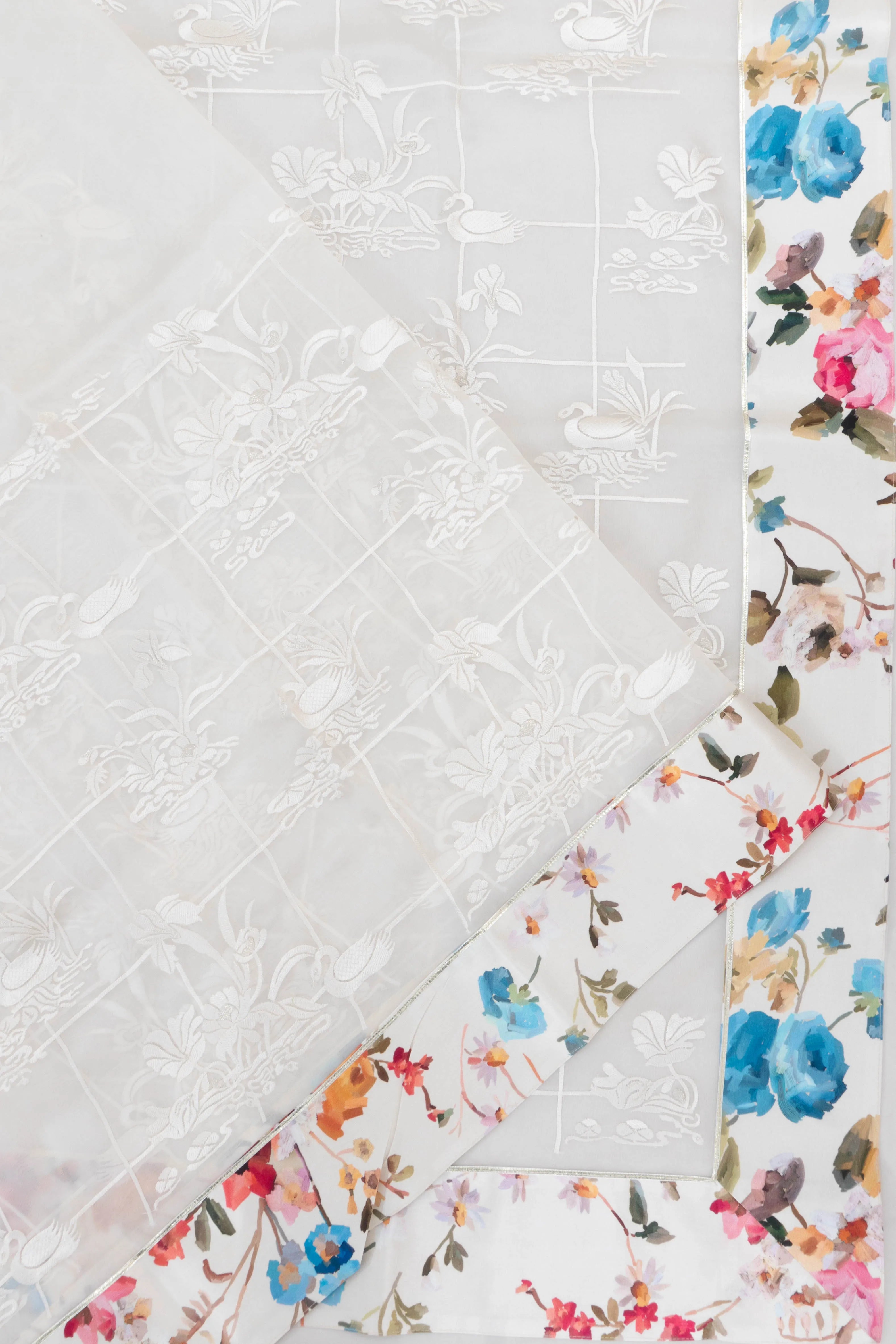 Organza Embroidery Checks And Butta White Saree With Satin Border