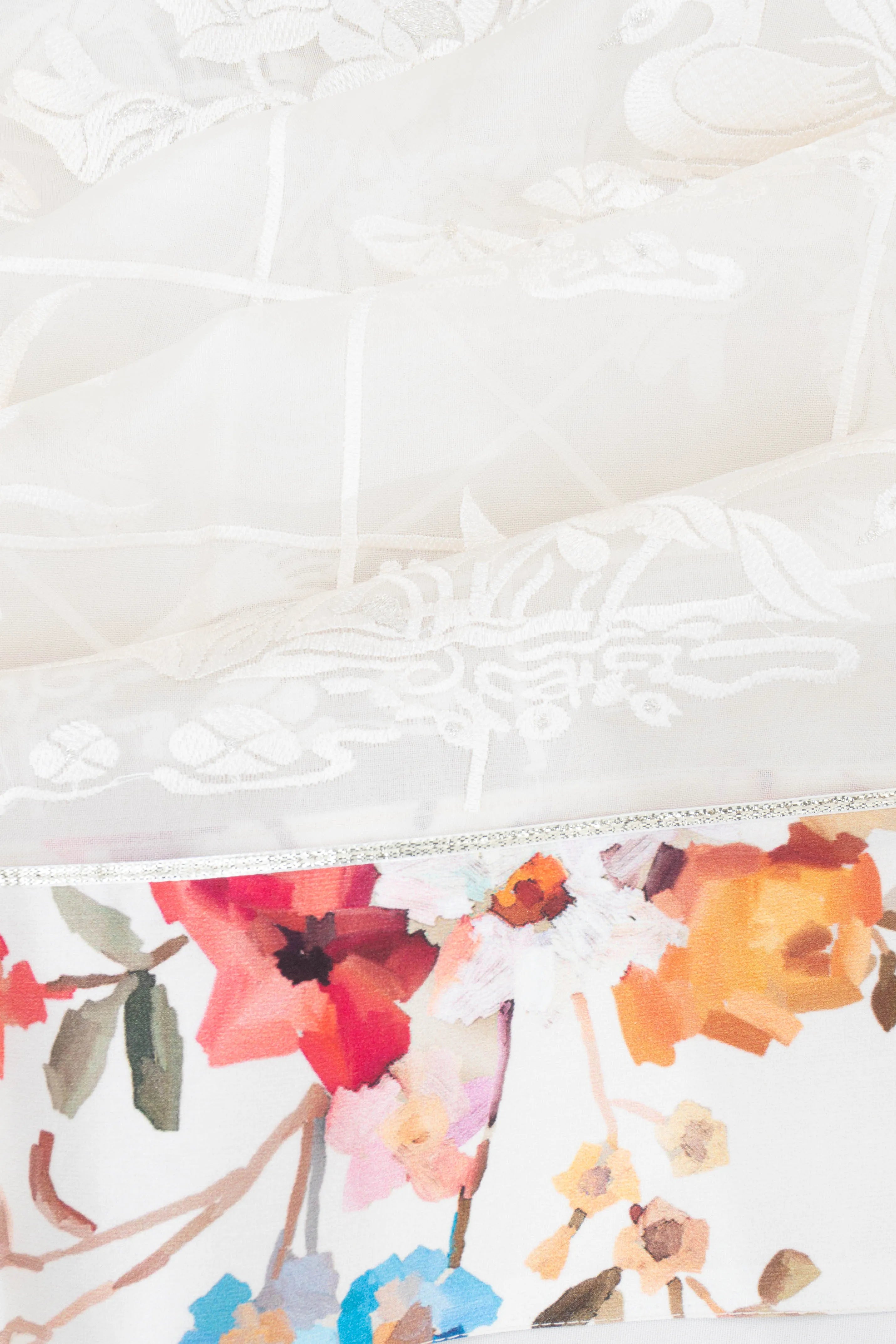 Organza Embroidery Checks And Butta White Saree With Satin Border