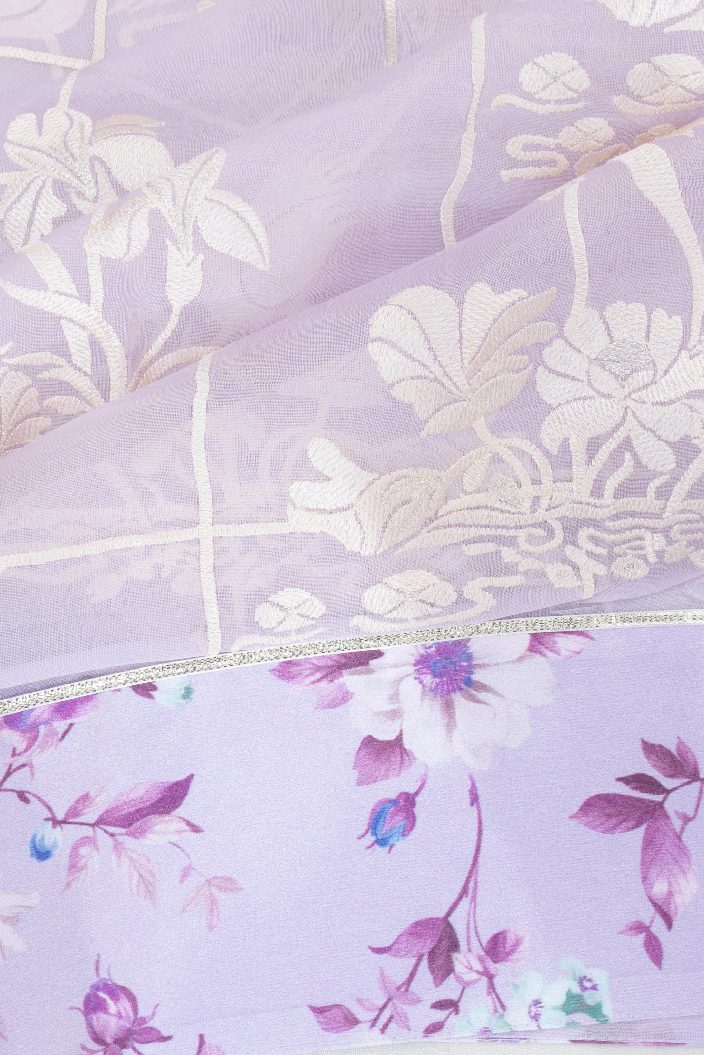 Organza Embroidery Checks And Butta Lavender Saree With Satin Border