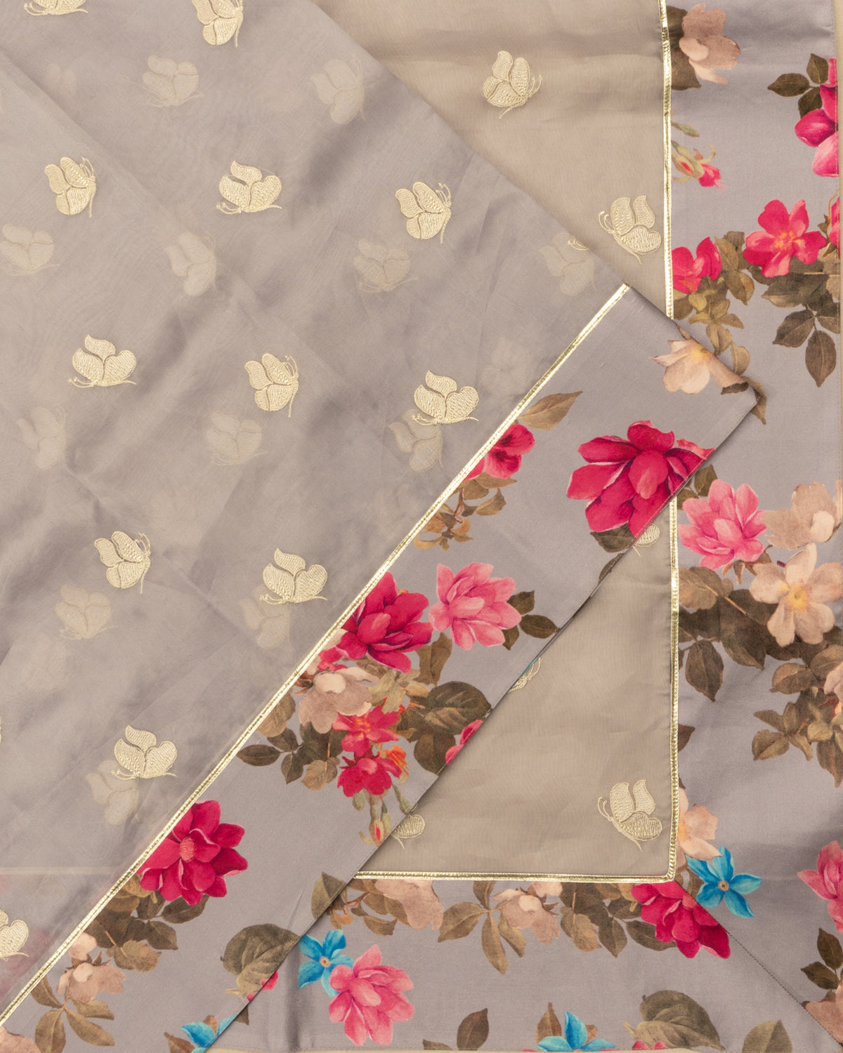Organza Embroidery Butta Pastel Grey Saree With Printed Border