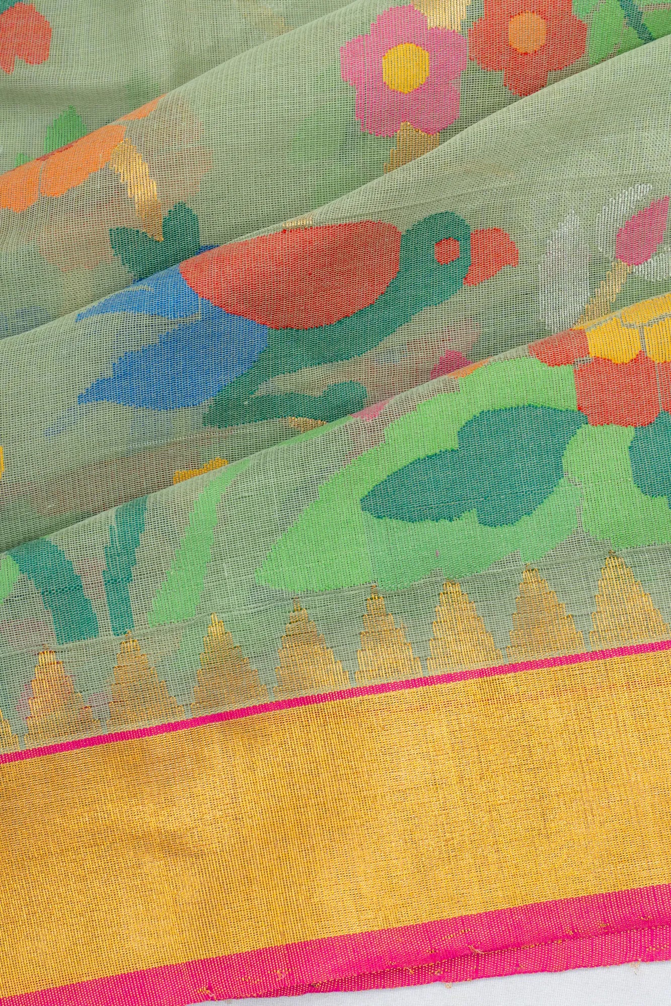 Ponduru Handspun Cotton Jamdani Jaal Pastel Green Saree