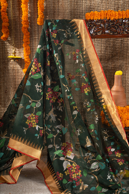 Ponduru Handspun Cotton All Over Jamdani Jaal Dark Green Saree