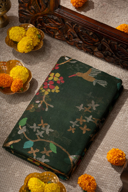 Ponduru Handspun Cotton All Over Jamdani Jaal Dark Green Saree