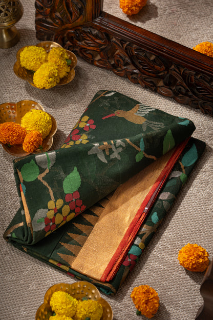 Ponduru Handspun Cotton All Over Jamdani Jaal Dark Green Saree