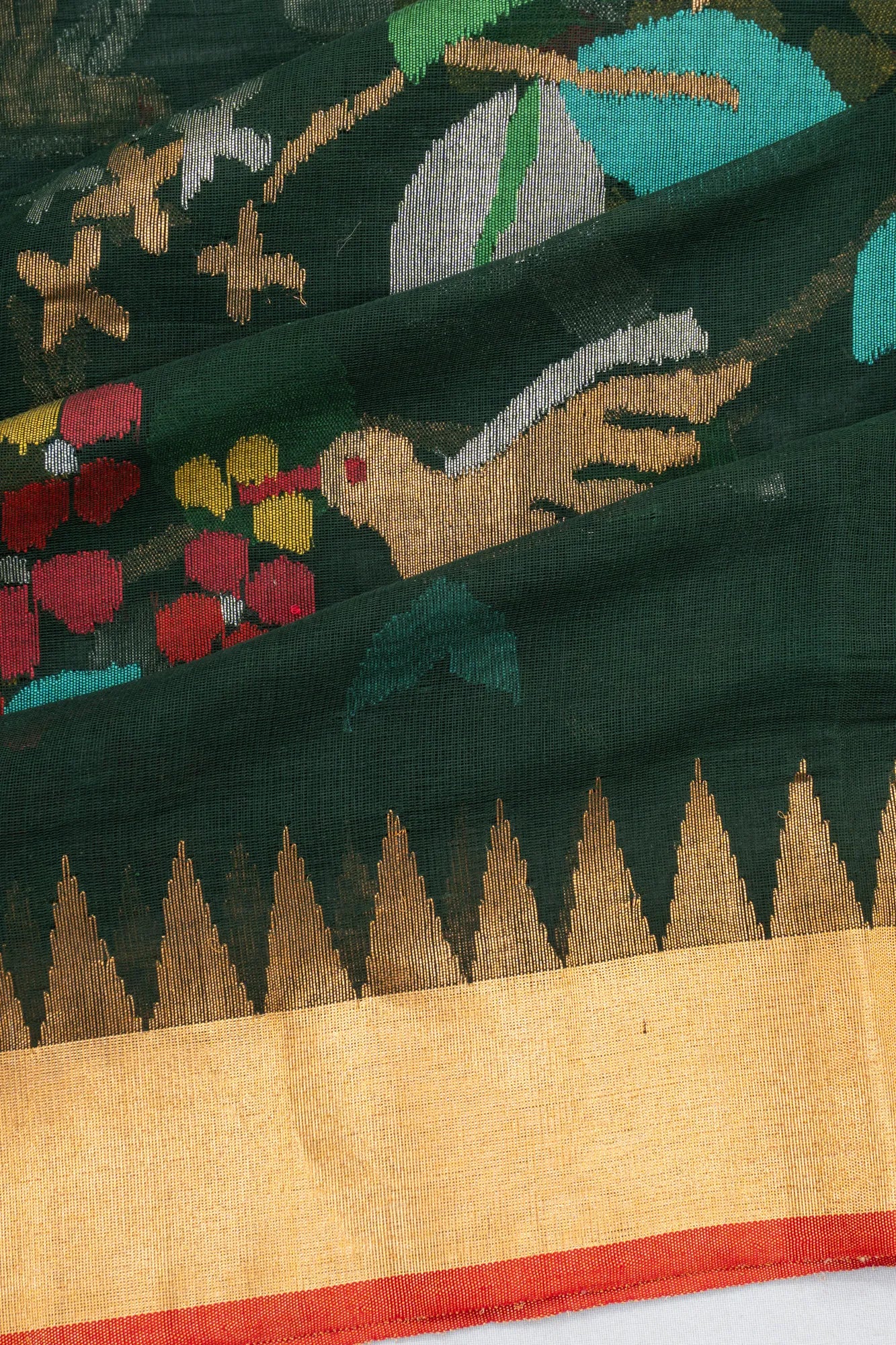 Ponduru Handspun Cotton All Over Jamdani Jaal Dark Green Saree