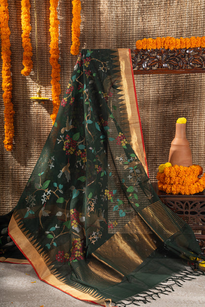 Ponduru Handspun Cotton All Over Jamdani Jaal Dark Green Saree